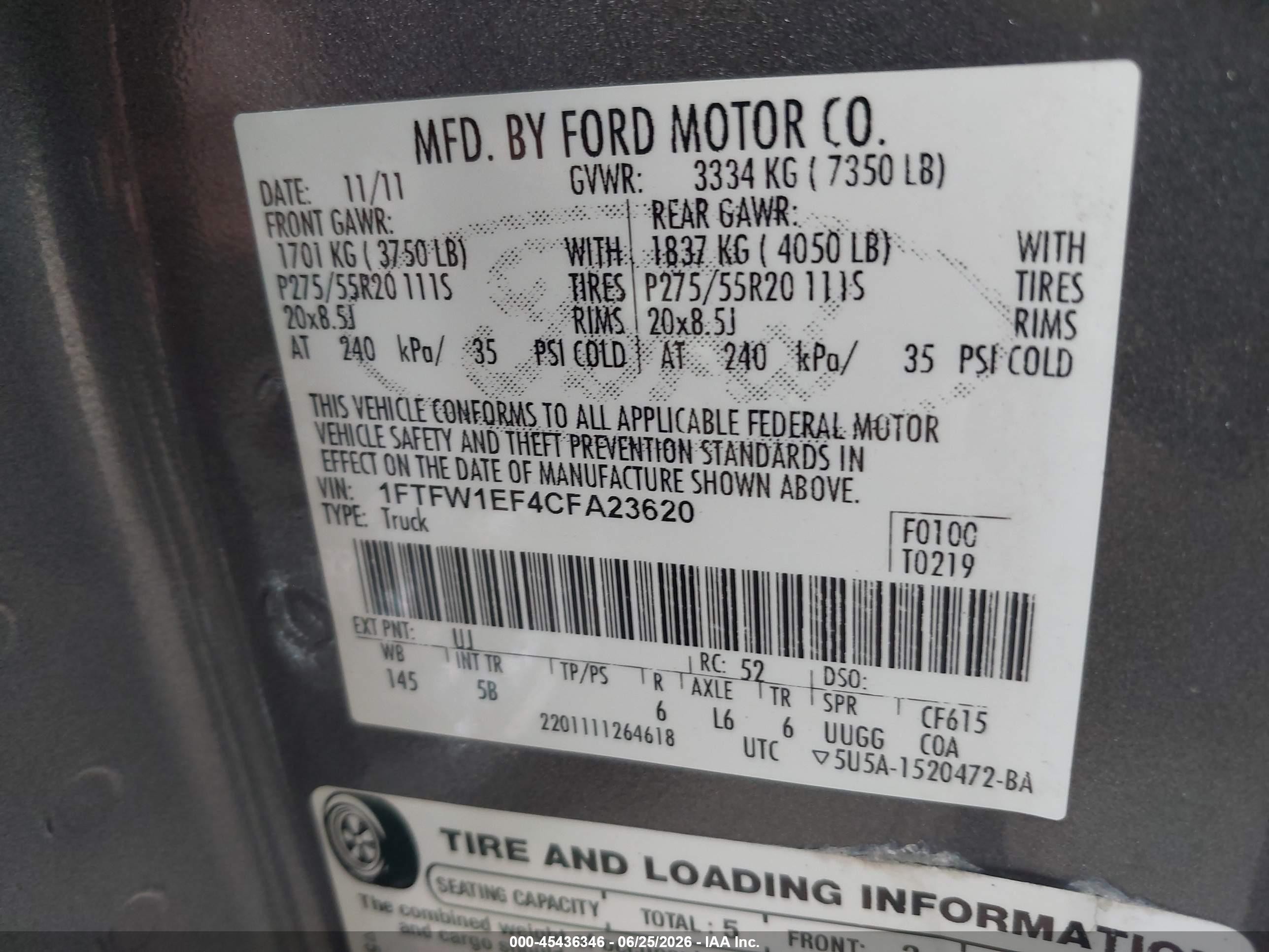 2012 Ford F-150 Fx4/king Ranch/lariat/platinum/xl/xlt Black vin: 1FTFW1EF4CFA23620