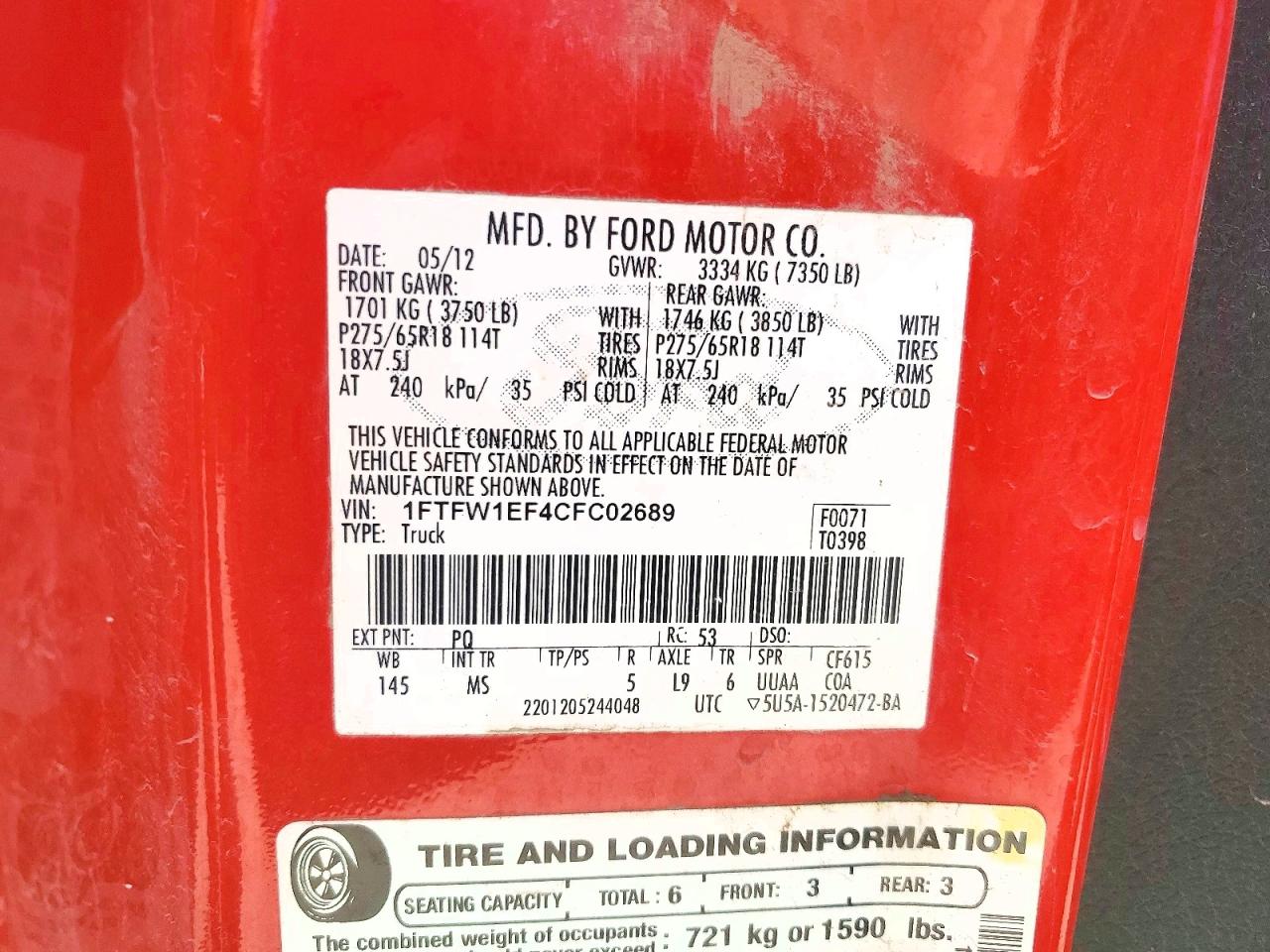 2012 Ford F150 Supercrew Red vin: 1FTFW1EF4CFC02689