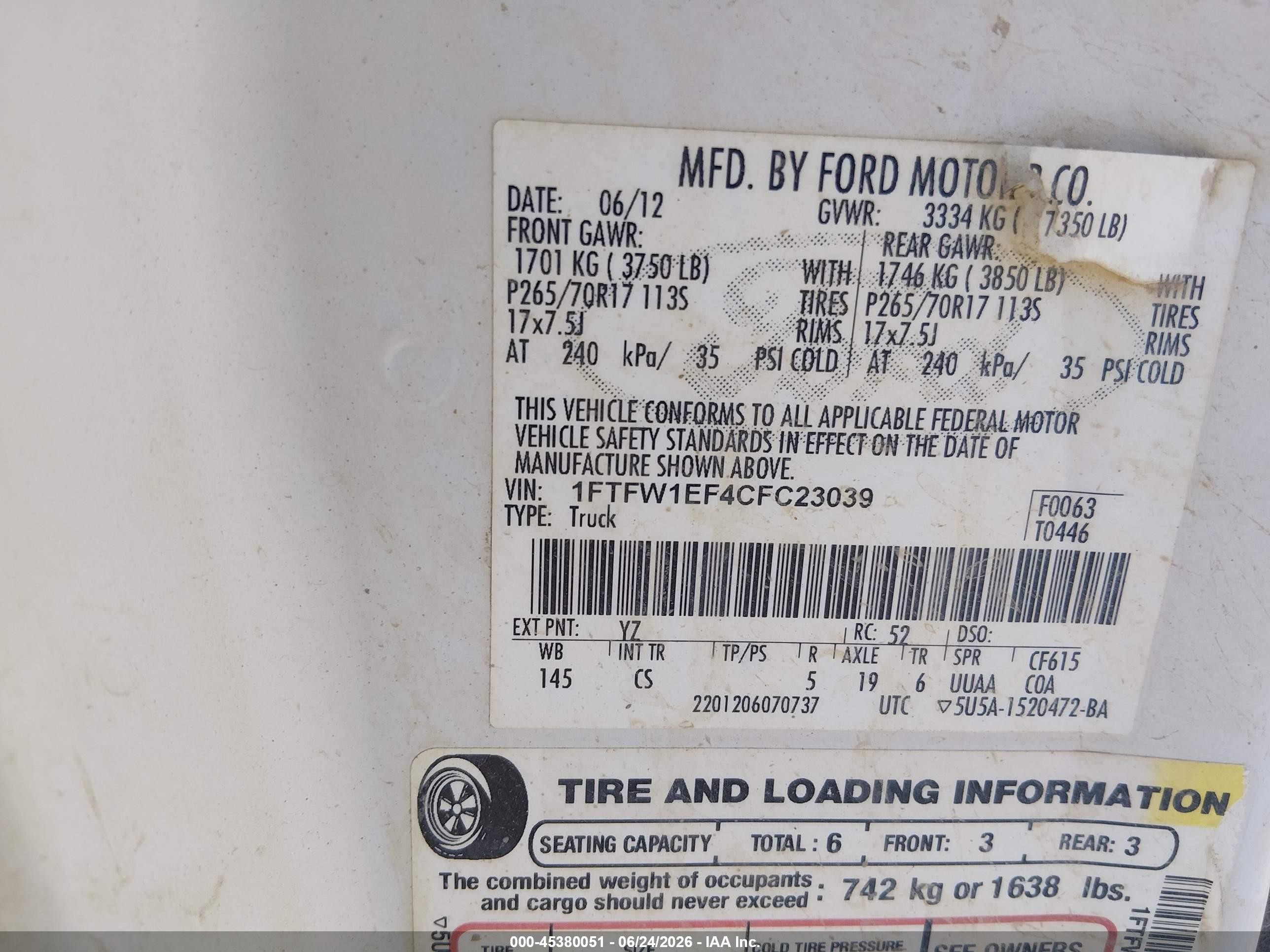 2012 Ford F-150 Xl White vin: 1FTFW1EF4CFC23039