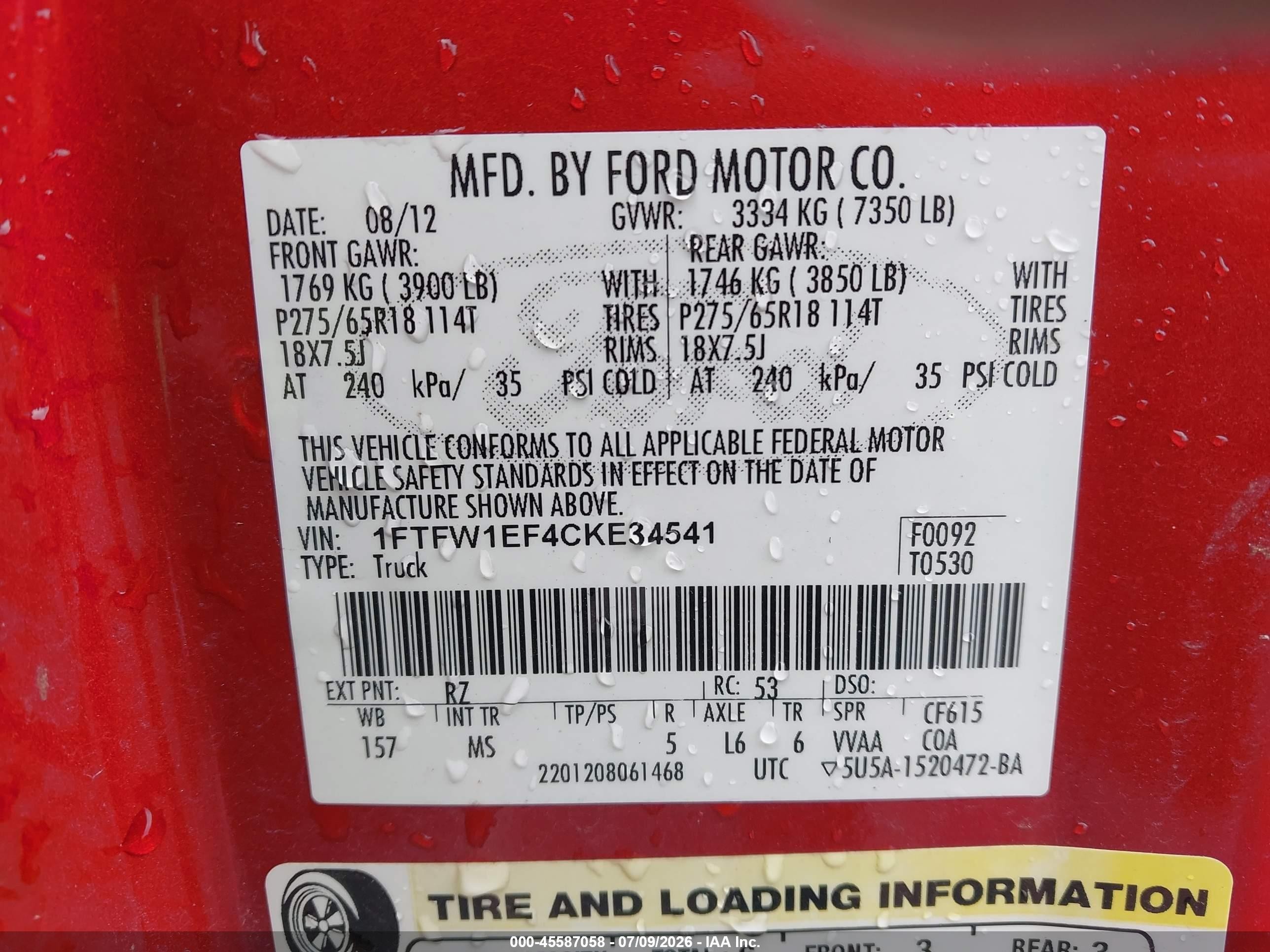 2012 Ford F-150 Fx4/king Ranch/lariat/platinum/xl/xlt Red vin: 1FTFW1EF4CKE34541