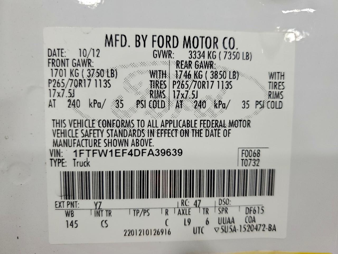 2013 Ford F150 Supercrew White vin: 1FTFW1EF4DFA39639