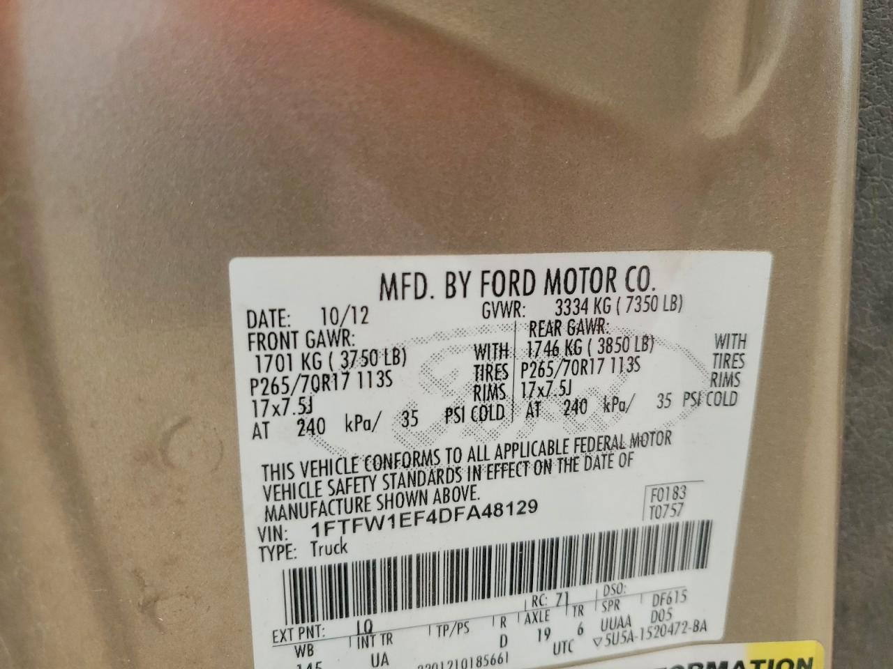 2013 Ford F150 Supercrew Gold vin: 1FTFW1EF4DFA48129