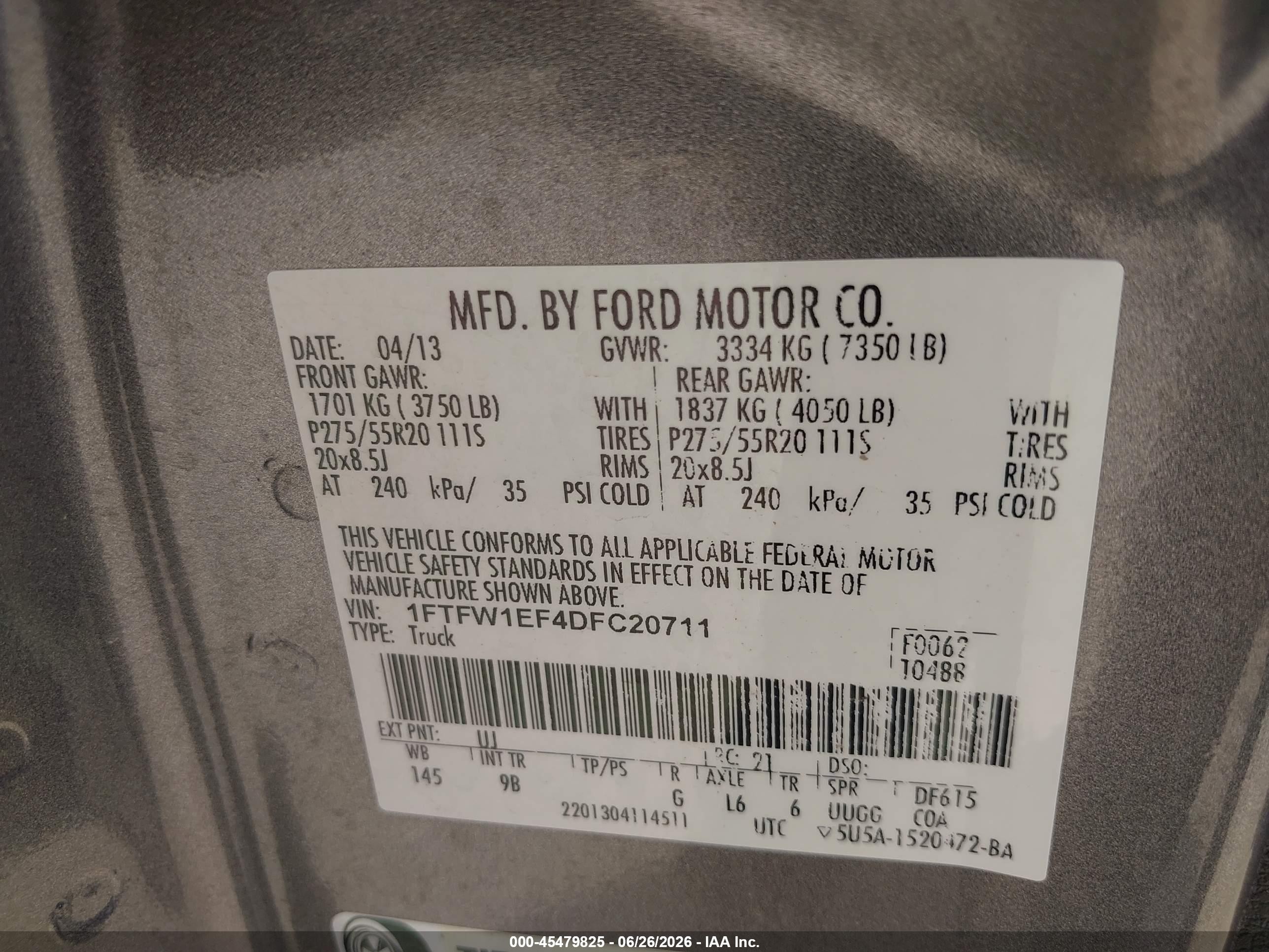 2013 Ford F-150 Fx4/king Ranch/lariat/platinum/xl/xlt Gray vin: 1FTFW1EF4DFC20711