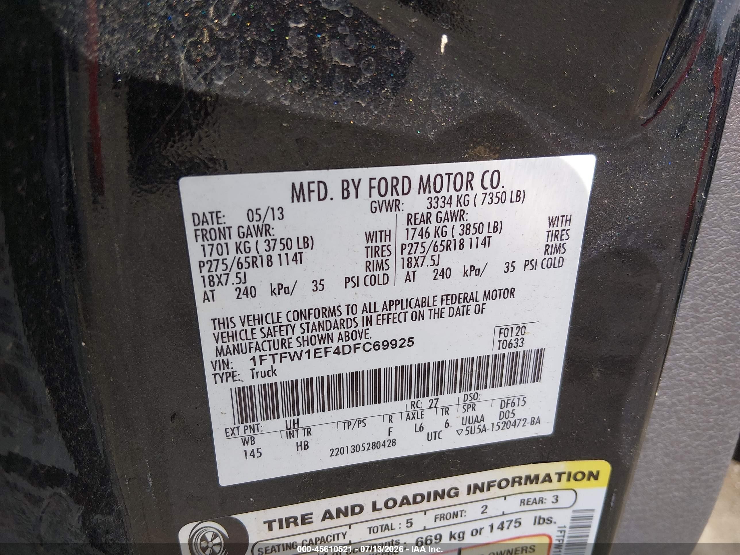 2013 Ford F-150 Lariat Black vin: 1FTFW1EF4DFC69925