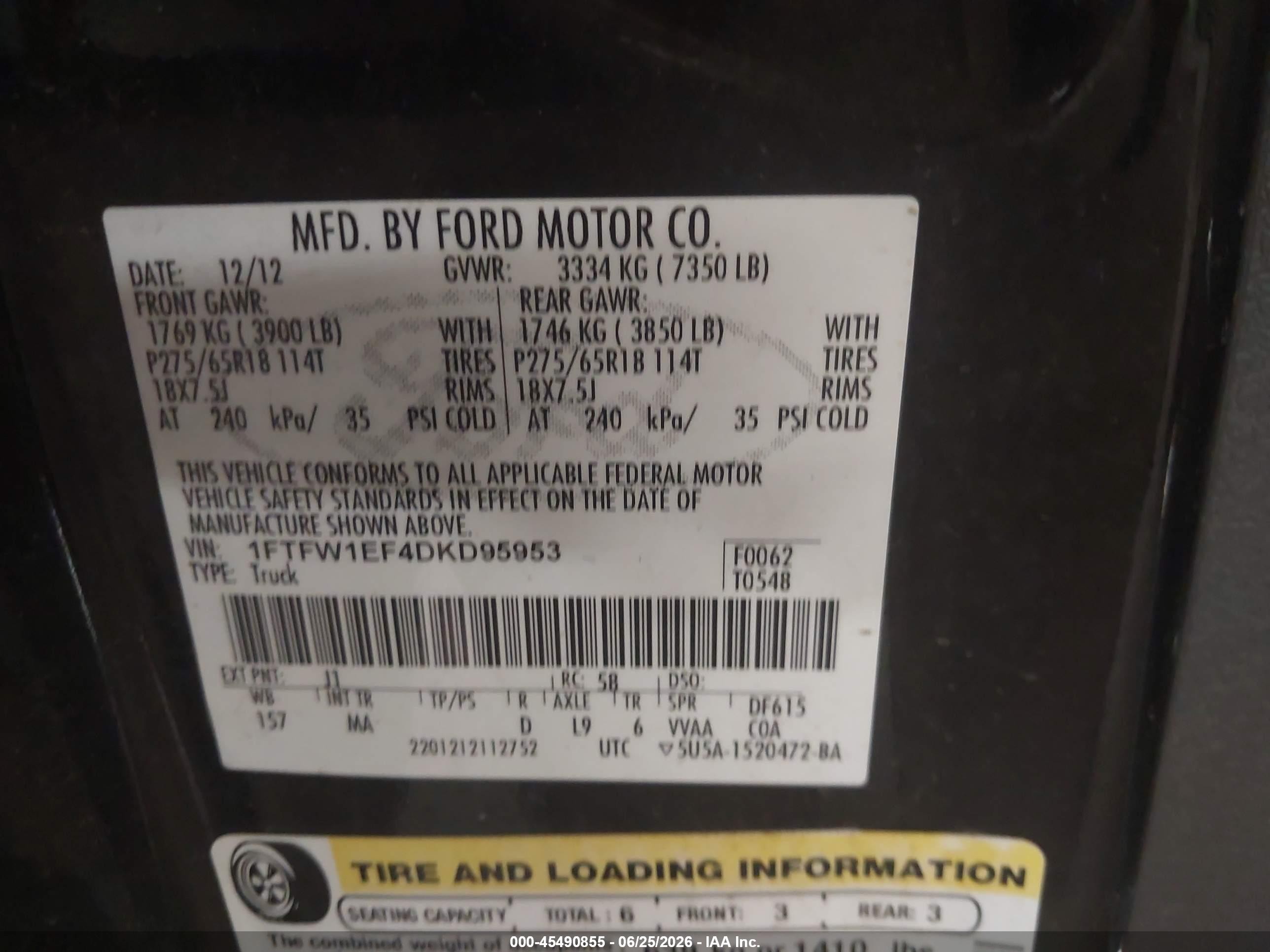 2013 Ford F-150 Fx4/king Ranch/lariat/platinum/xl/xlt Black vin: 1FTFW1EF4DKD95953
