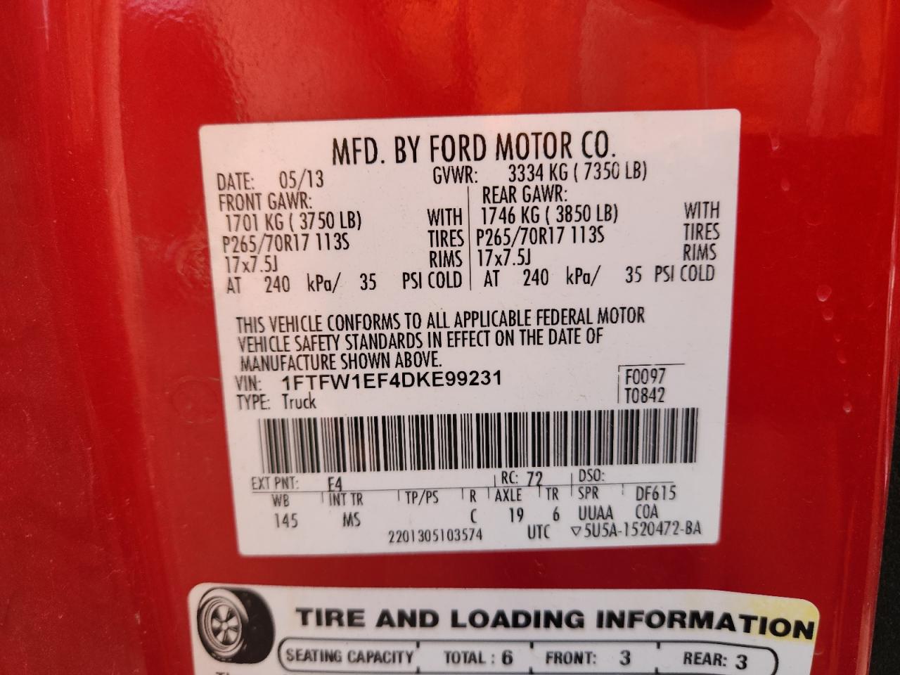 2013 Ford F150 Supercrew Red vin: 1FTFW1EF4DKE99231