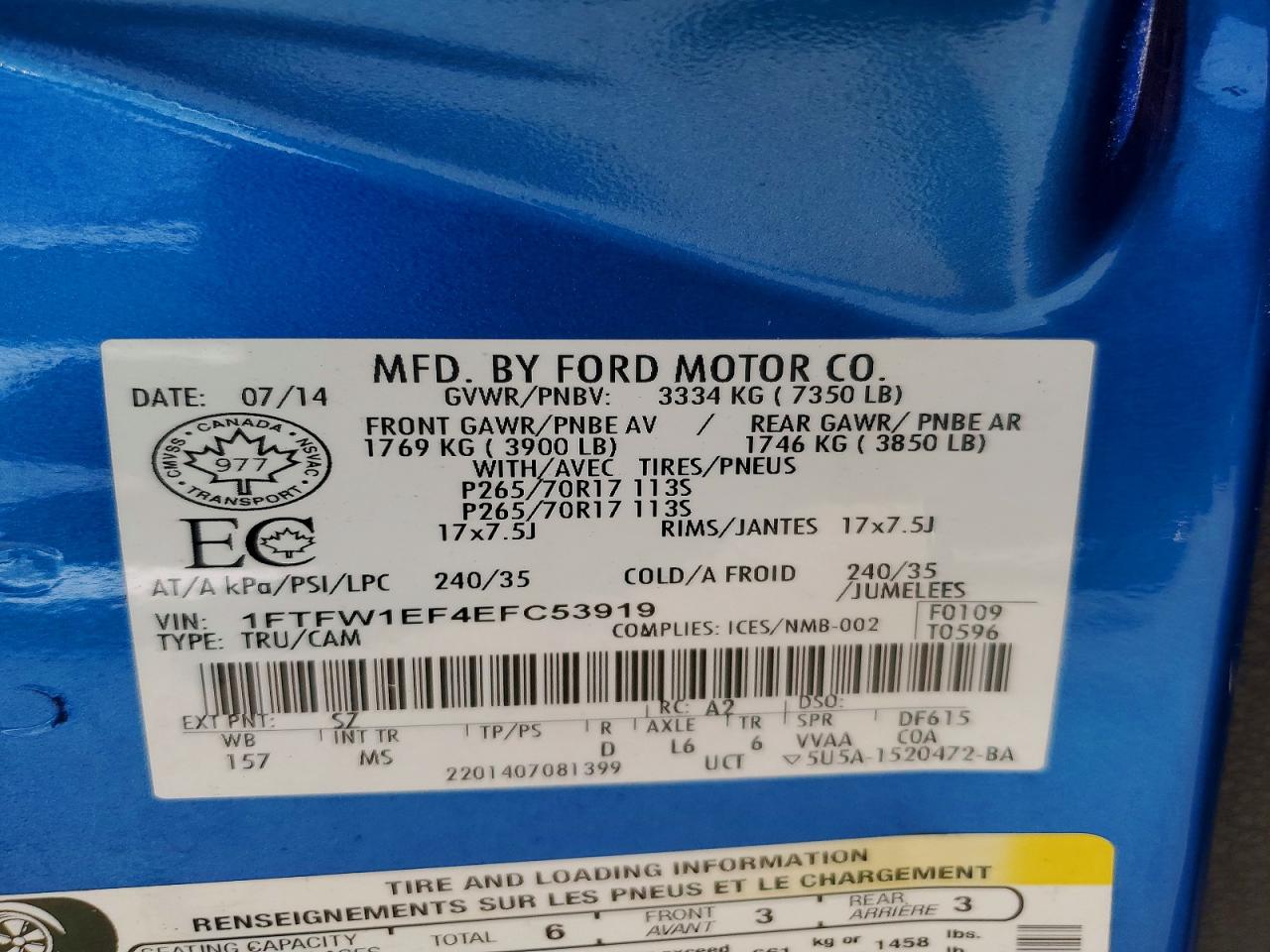 2014 Ford F150 Supercrew Blue vin: 1FTFW1EF4EFC53919