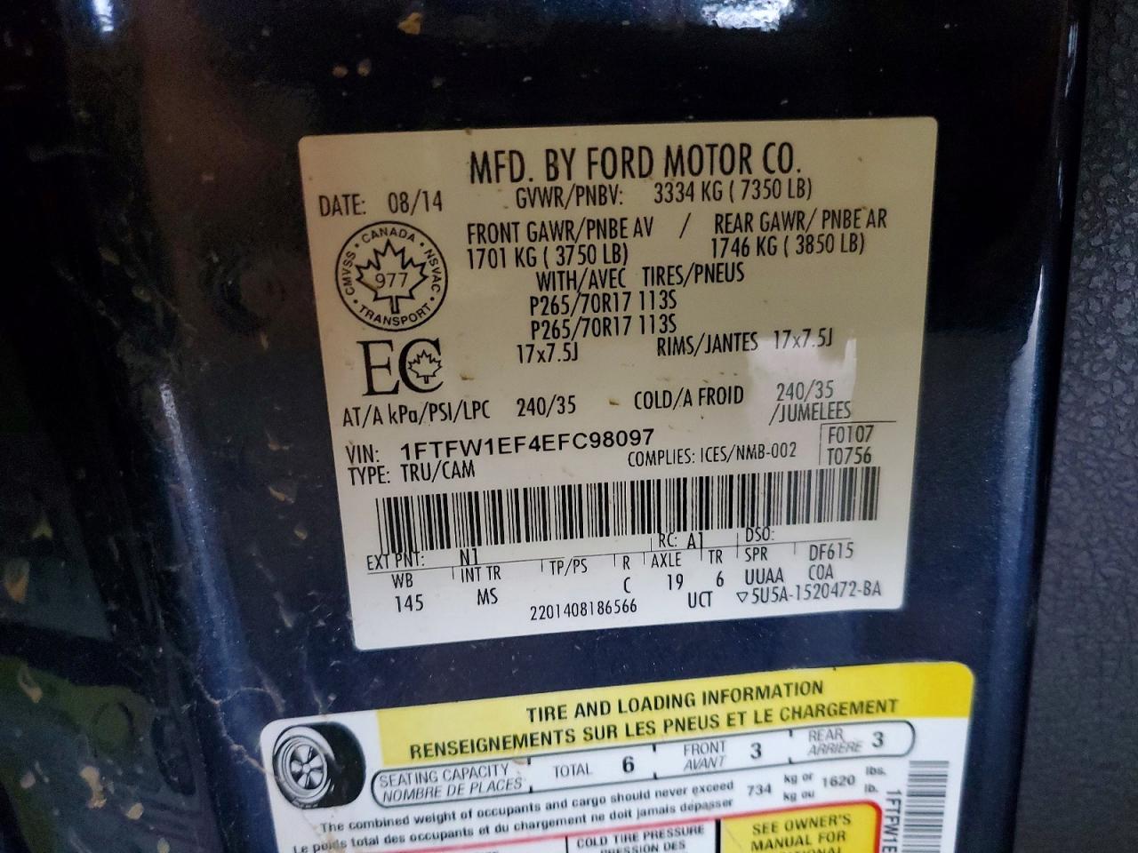 2014 Ford F150 Supercrew Blue vin: 1FTFW1EF4EFC98097