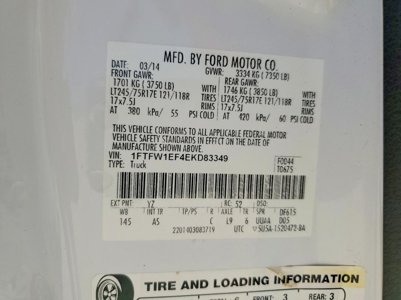 2014 Ford F150 White vin: 1FTFW1EF4EKD83349