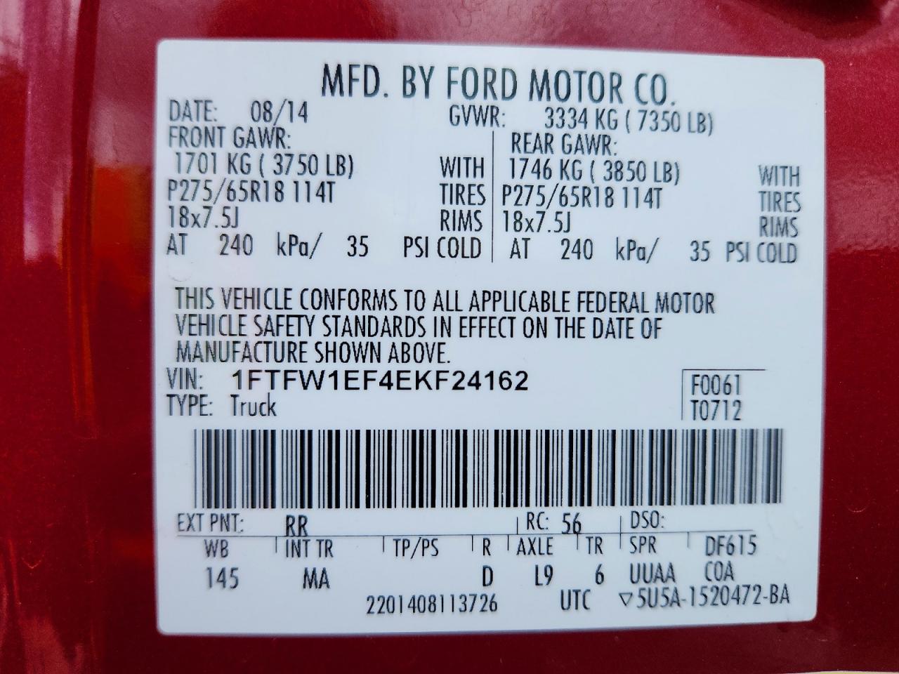 2014 Ford F150 Supercrew Red vin: 1FTFW1EF4EKF24162