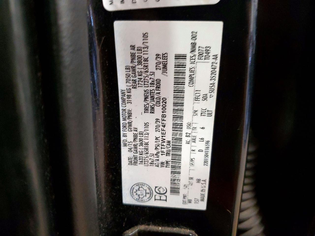 2015 Ford F150 Supercrew Black vin: 1FTFW1EF4FFB10020