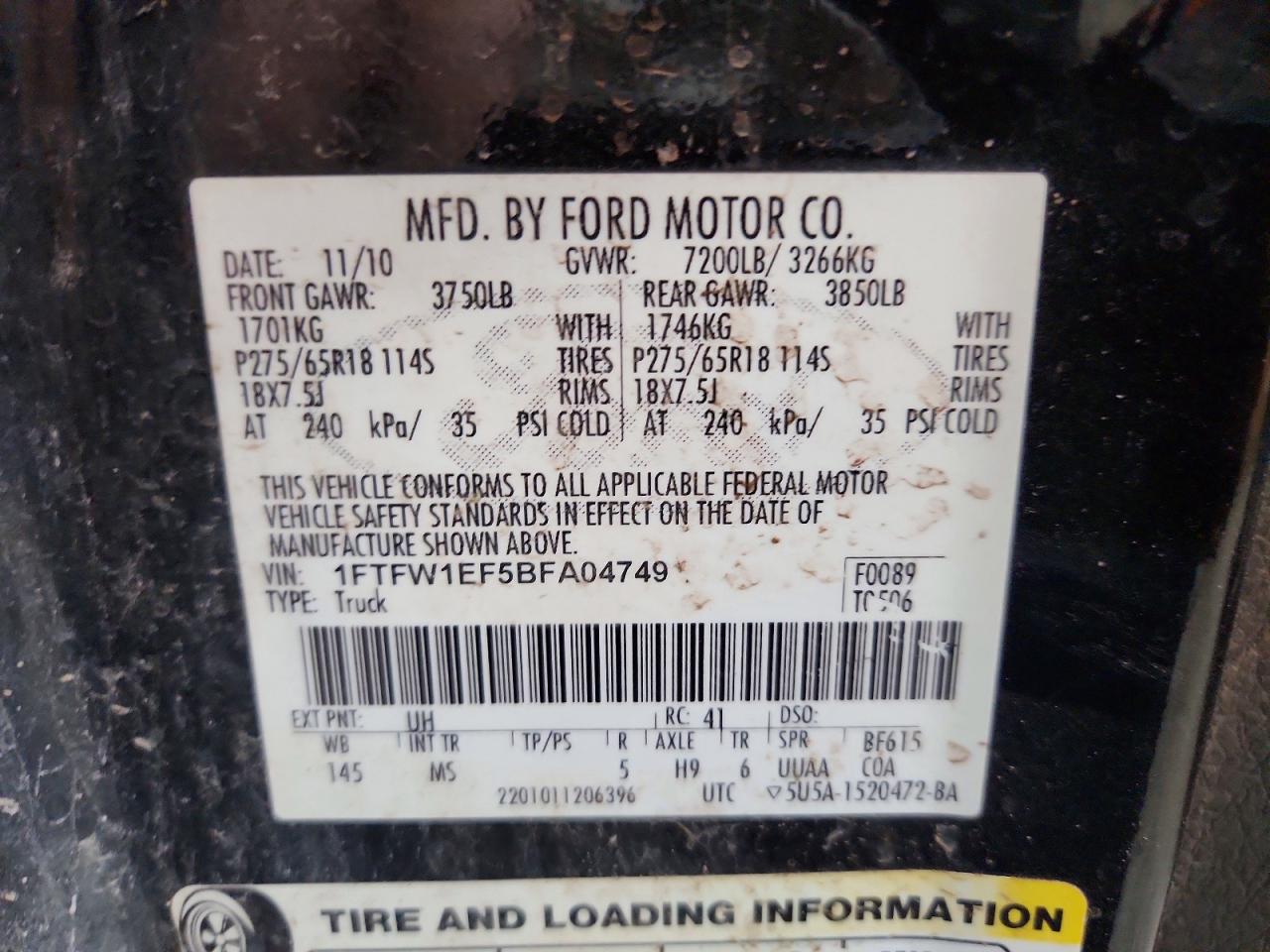 2011 Ford F150 Supercrew Black vin: 1FTFW1EF5BFA04749