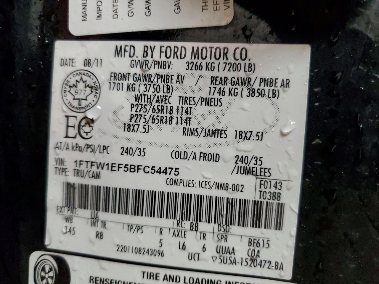 2011 Ford F150 Supercrew Black vin: 1FTFW1EF5BFC54475