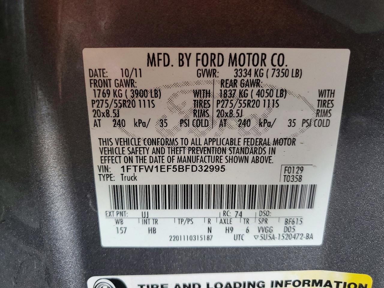 2011 Ford F150 Supercrew Серый vin: 1FTFW1EF5BFD32995