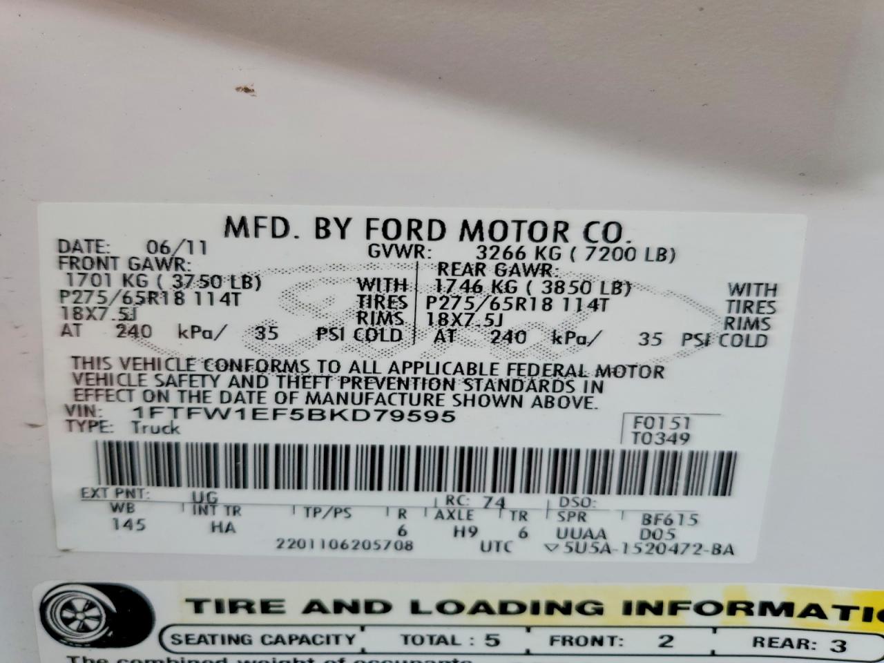 2011 Ford F150 Supercrew White vin: 1FTFW1EF5BKD79595