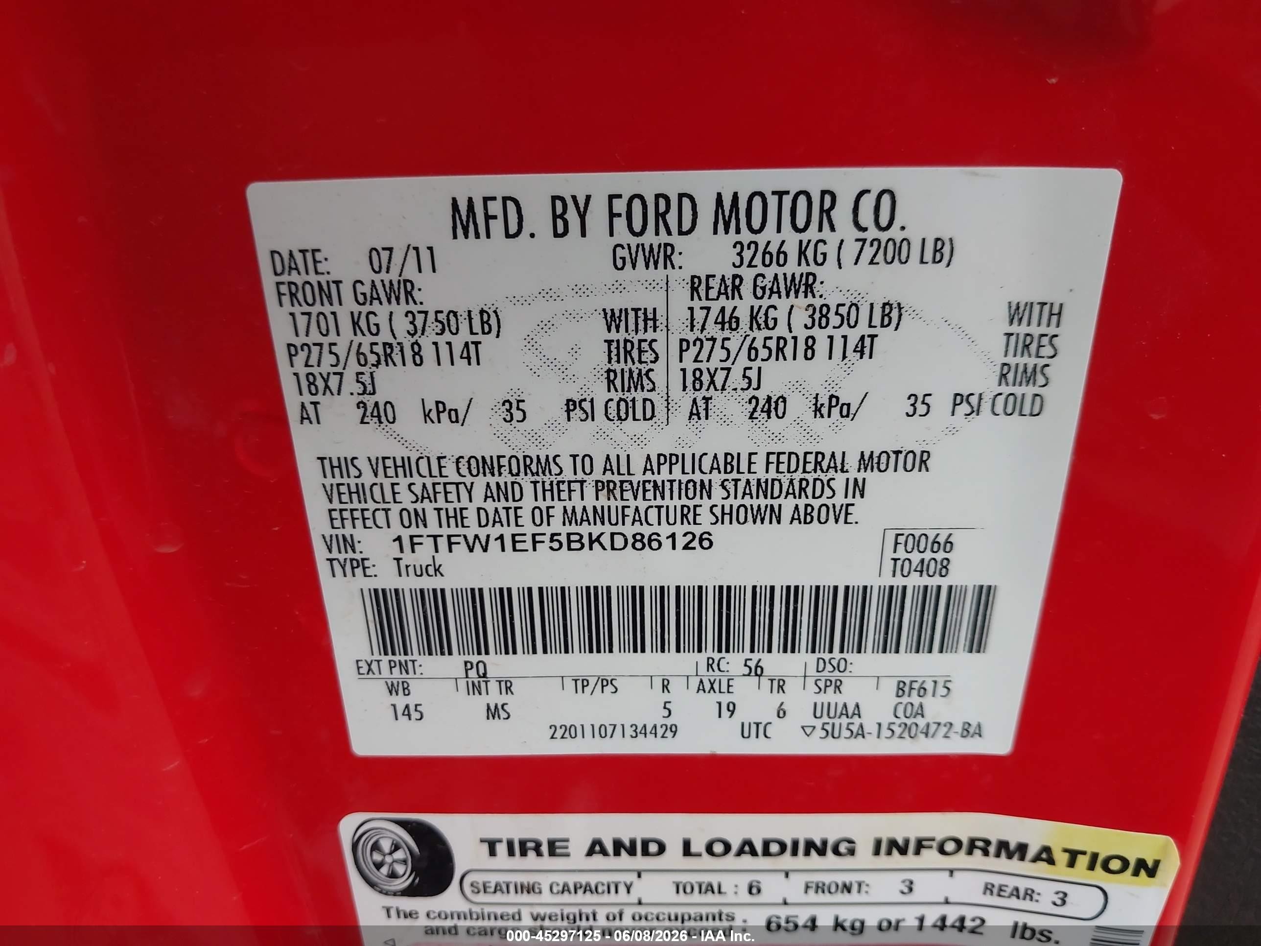 2011 Ford F-150 Xlt Red vin: 1FTFW1EF5BKD86126
