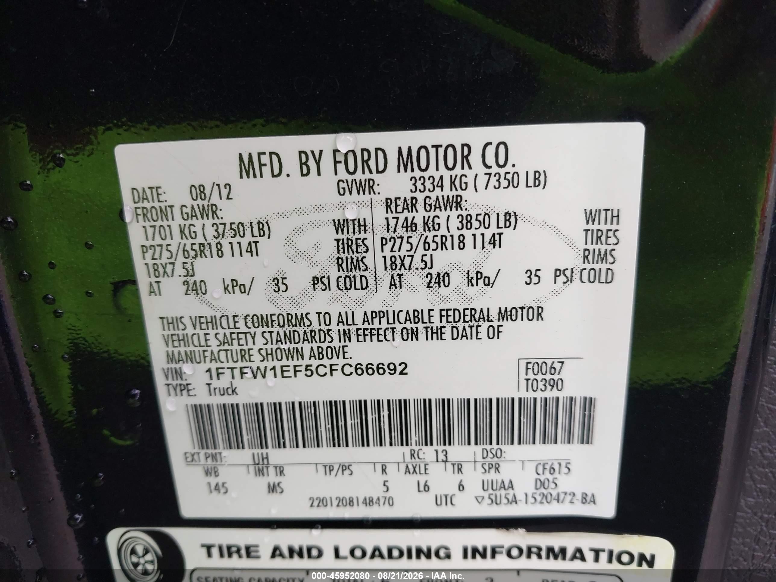 2012 Ford F-150 Xlt Black vin: 1FTFW1EF5CFC66692