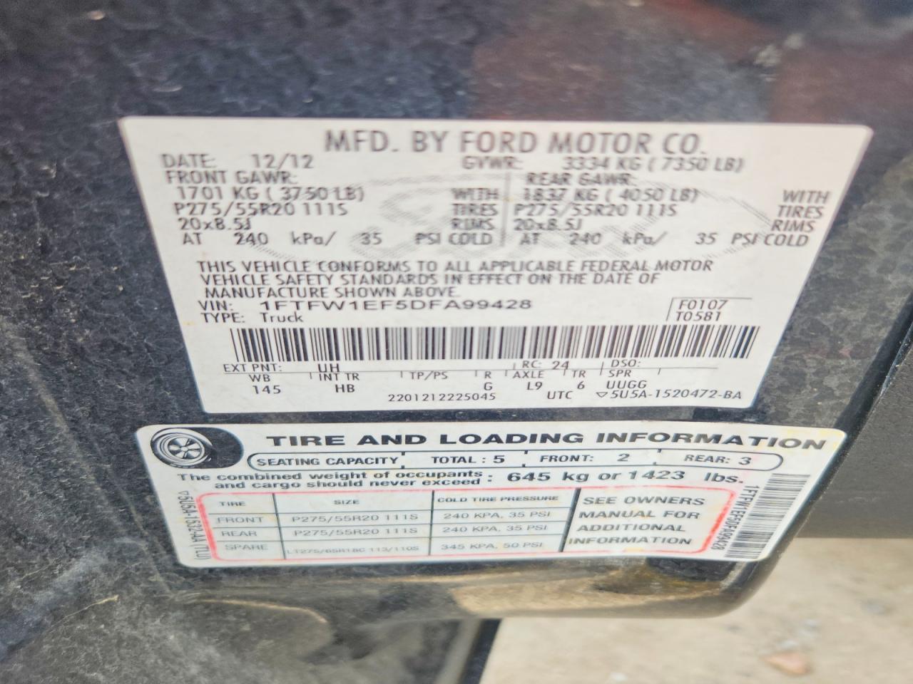 2013 Ford F150 Supercrew Black vin: 1FTFW1EF5DFA99428
