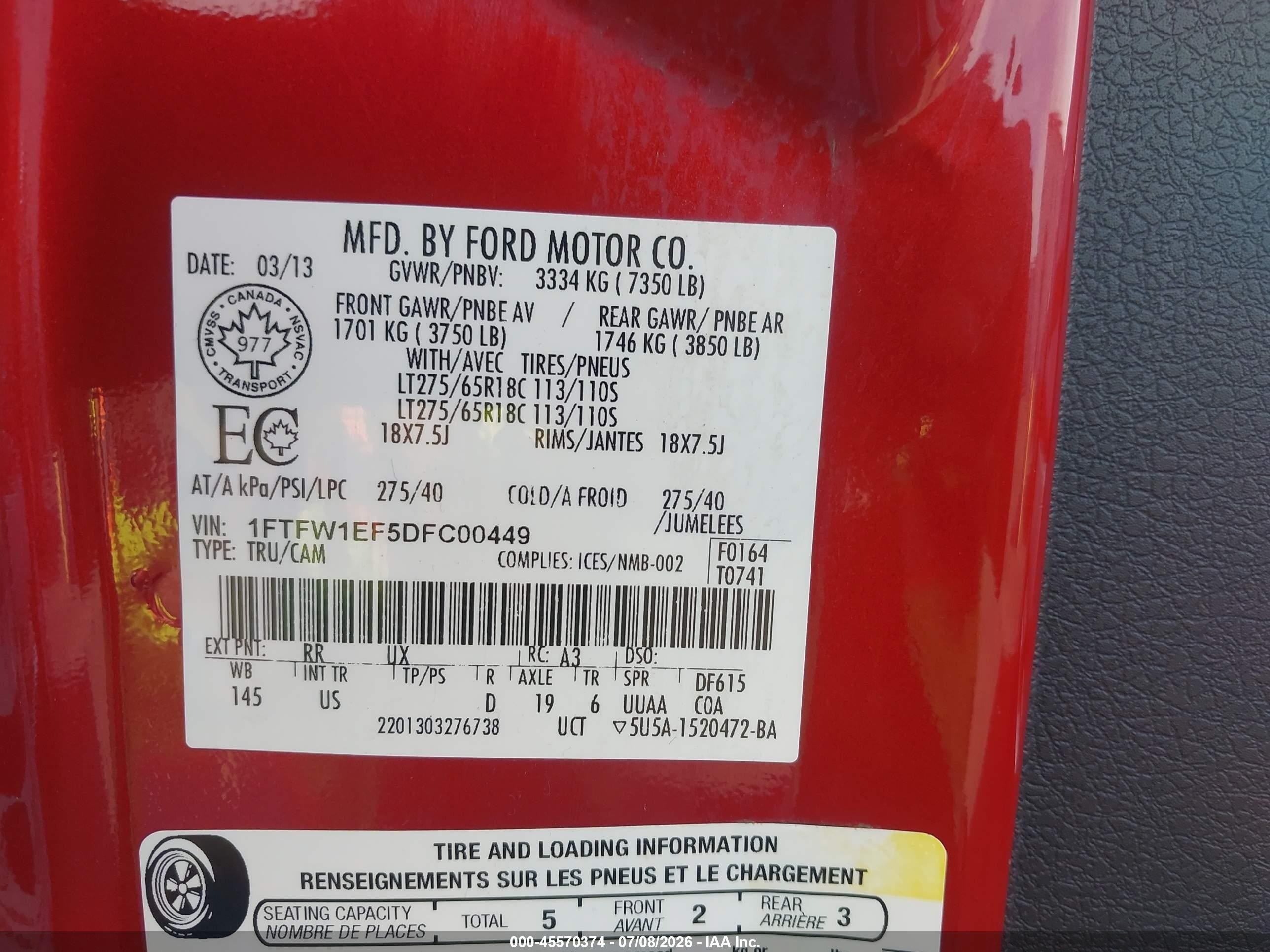 2013 Ford F-150 Xlt Red vin: 1FTFW1EF5DFC00449