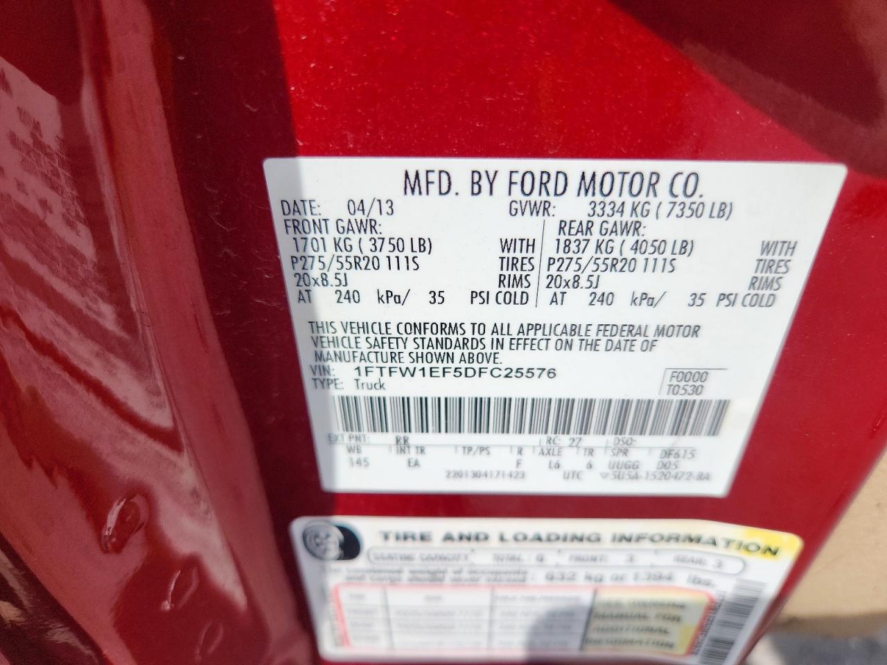 2013 Ford F150 Supercrew Red vin: 1FTFW1EF5DFC25576