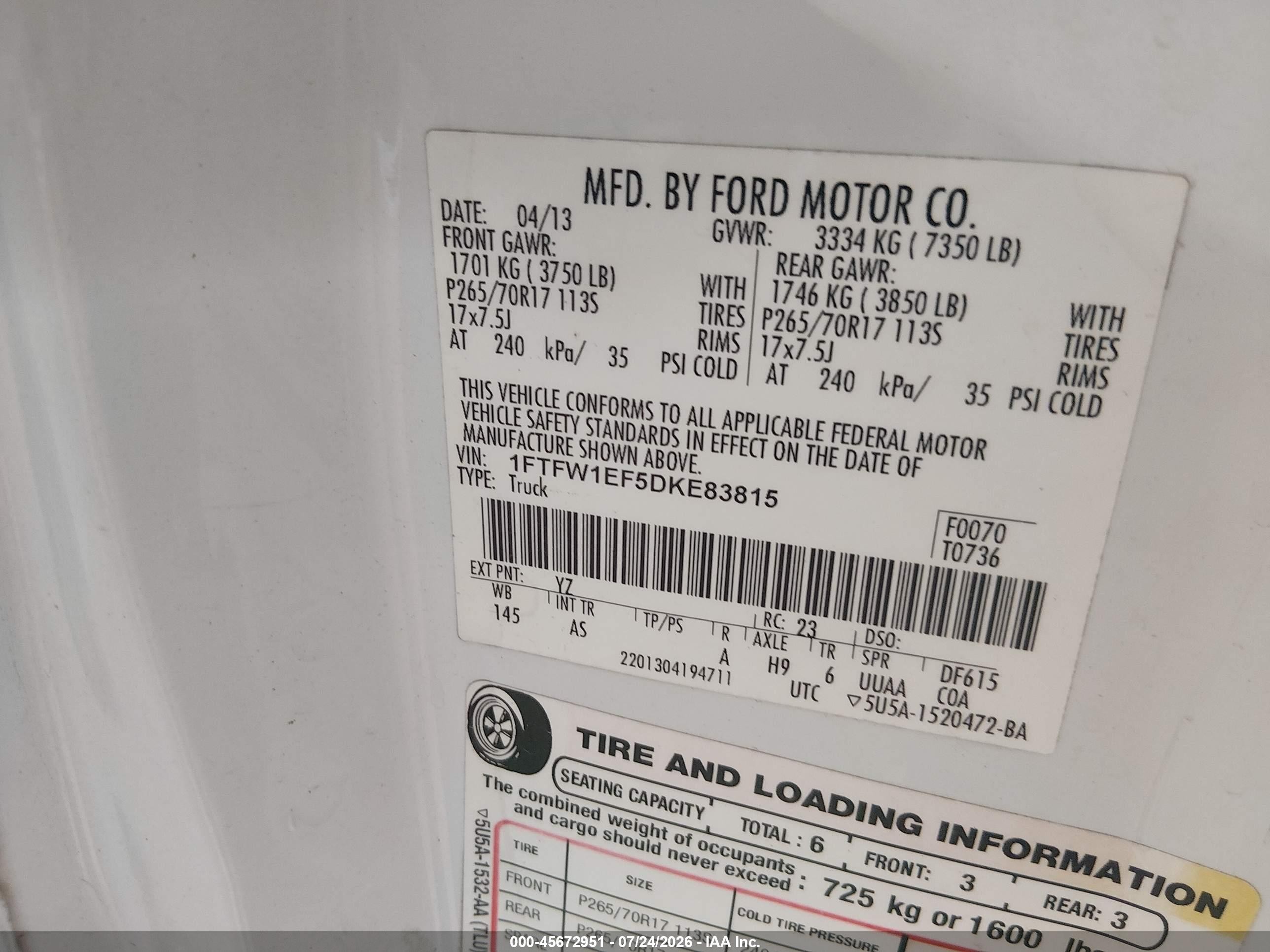 2013 Ford F-150 Xl White vin: 1FTFW1EF5DKE83815