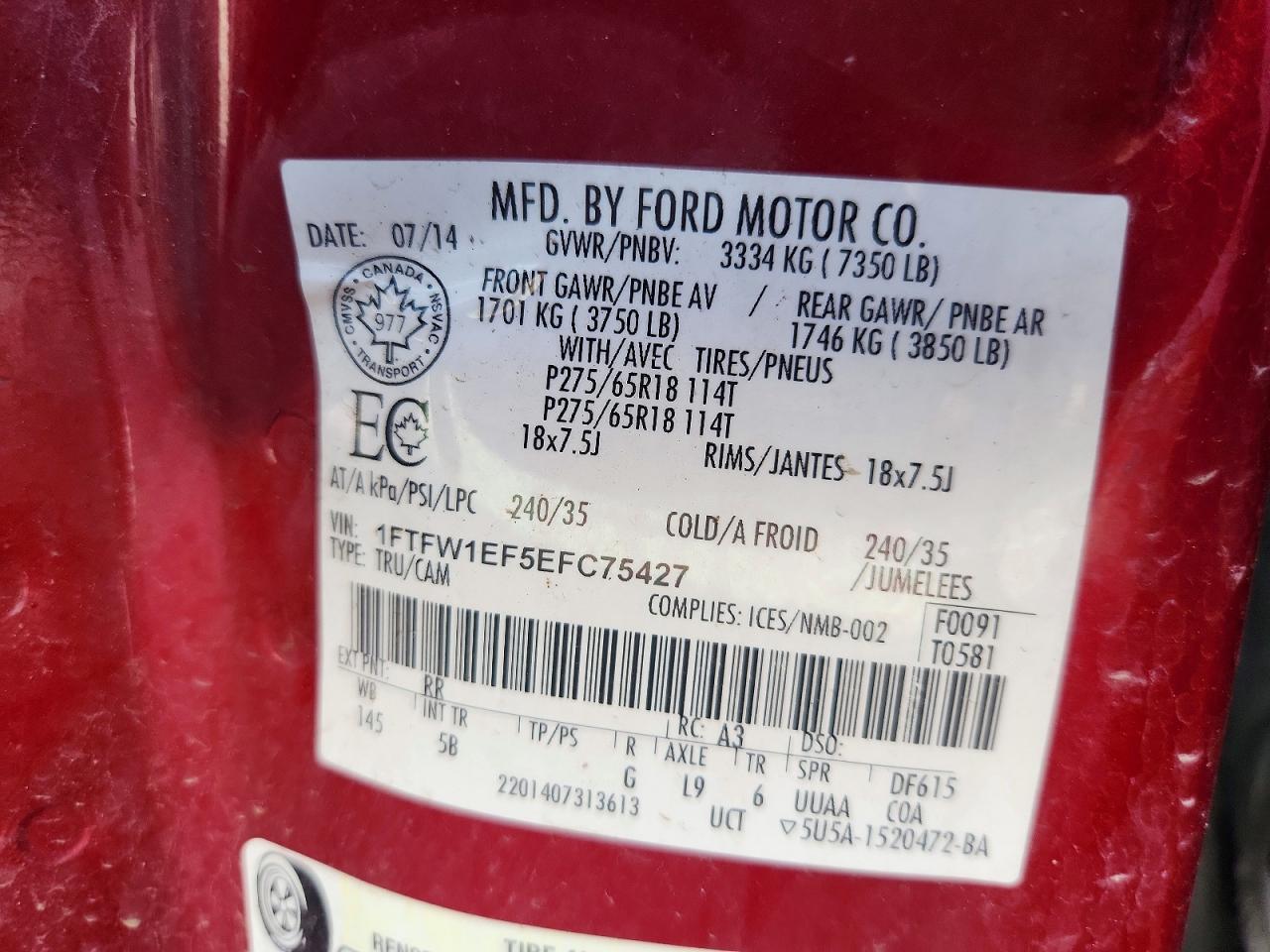 2014 Ford F150 Supercrew Red vin: 1FTFW1EF5EFC75427