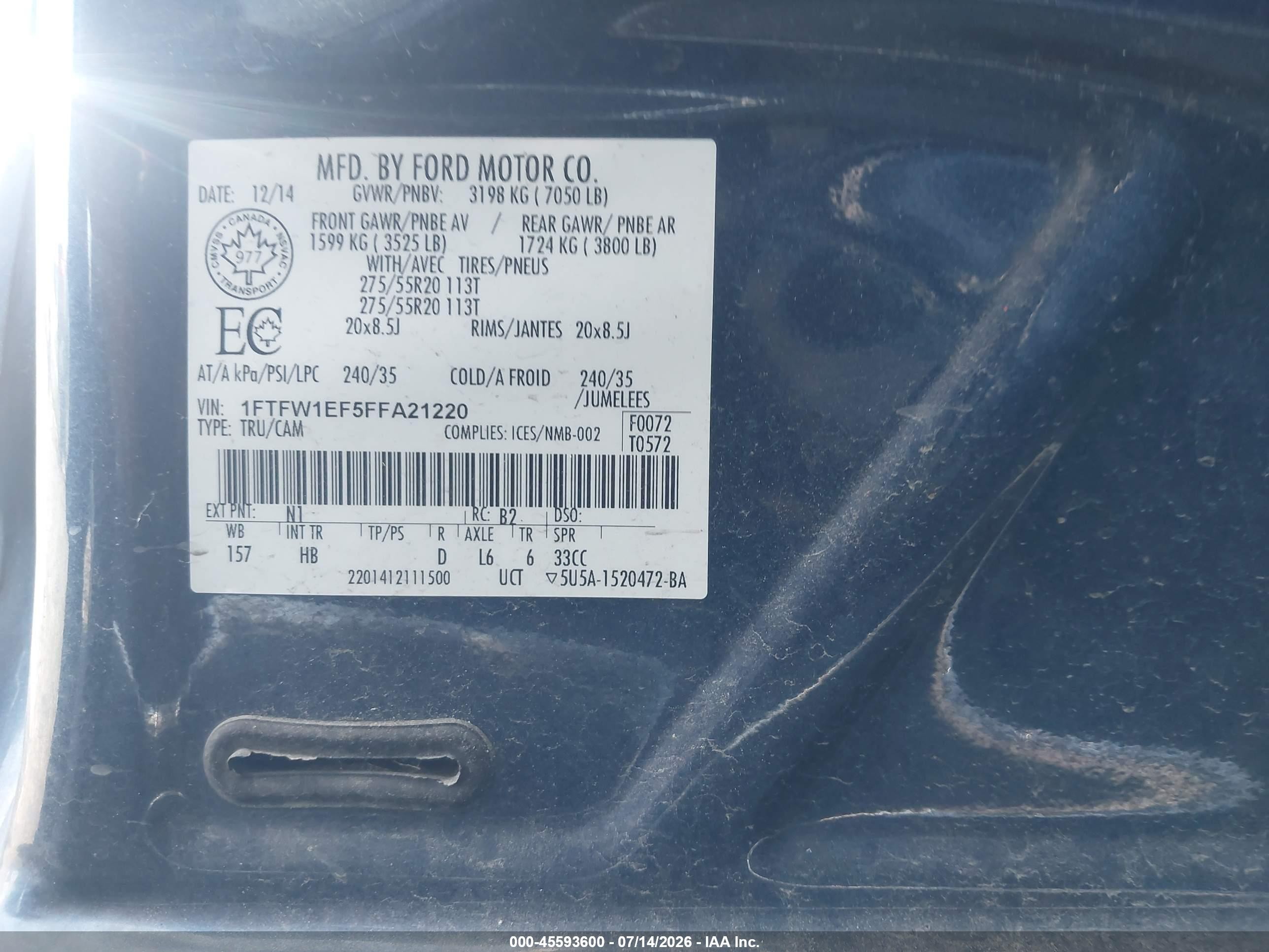 2015 Ford F-150 Lariat Blue vin: 1FTFW1EF5FFA21220