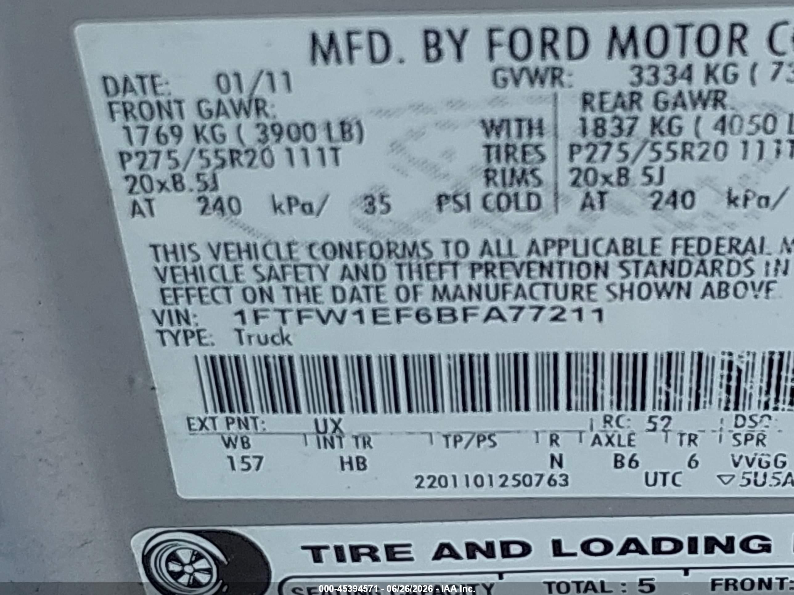 2011 Ford F-150 Fx4/king Ranch/lariat/platinum/xl/xlt Silver vin: 1FTFW1EF6BFA77211