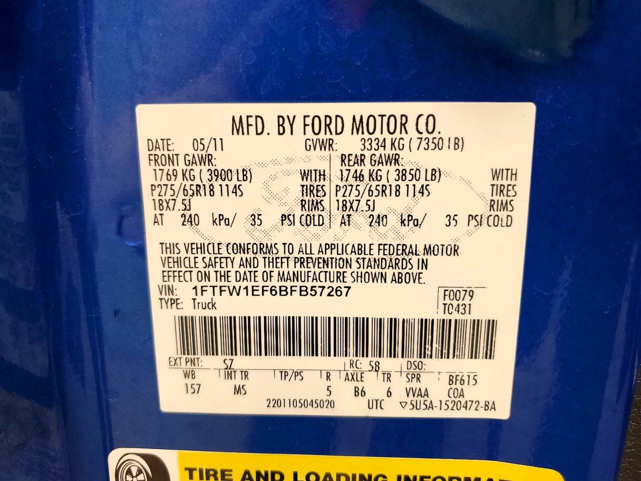 2011 Ford F150 Supercrew Blue vin: 1FTFW1EF6BFB57267