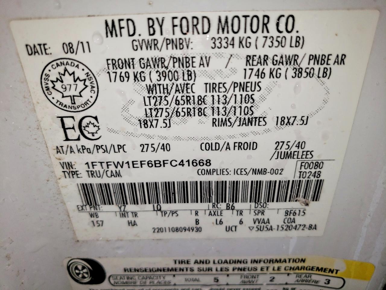 2011 Ford F150 Supercrew White vin: 1FTFW1EF6BFC41668