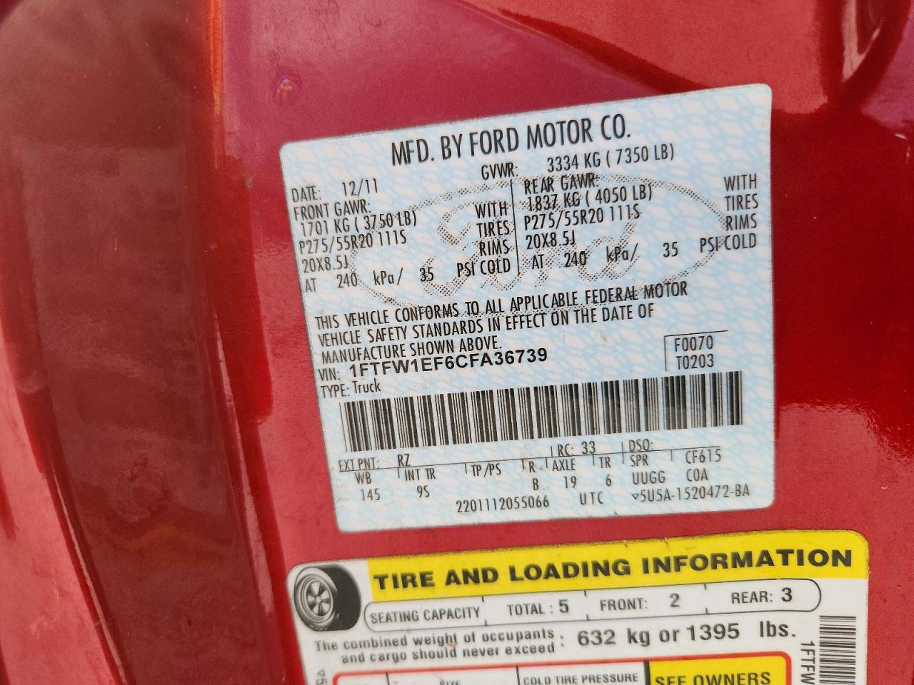 2012 Ford F150 Supercrew Red vin: 1FTFW1EF6CFA36739
