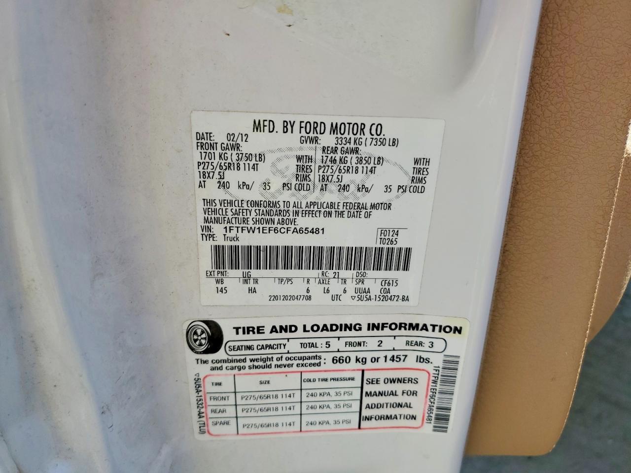 2012 Ford F150 Supercrew White vin: 1FTFW1EF6CFA65481