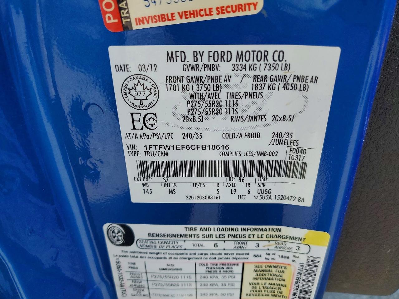2012 Ford F150 Supercrew Blue vin: 1FTFW1EF6CFB18616