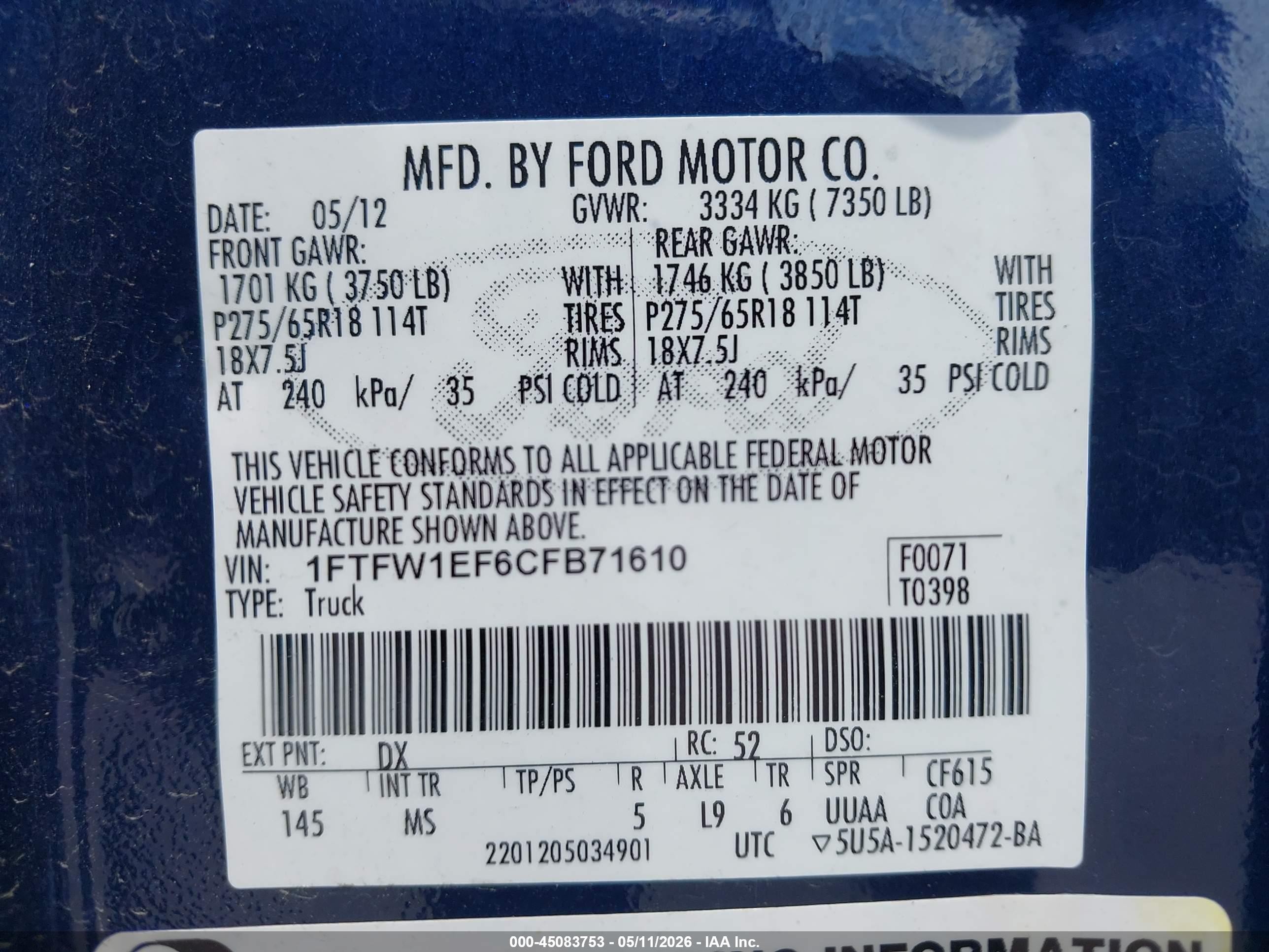 2012 Ford F-150 Xlt Blue vin: 1FTFW1EF6CFB71610