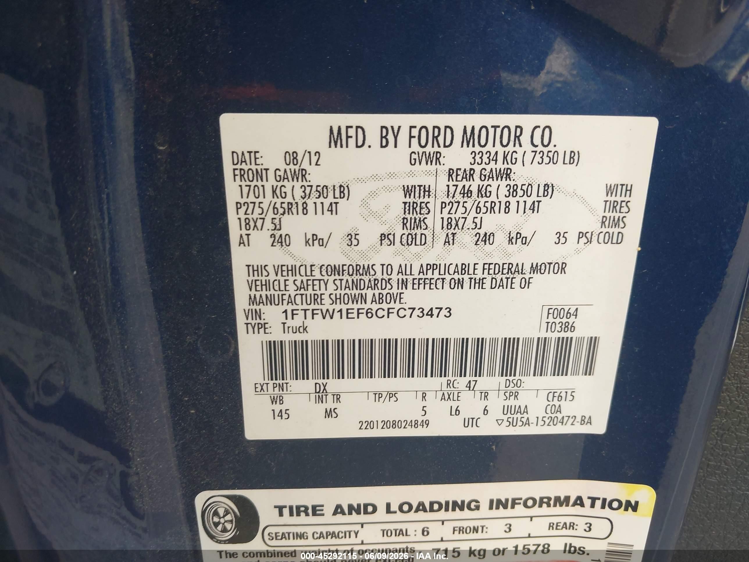 2012 Ford F-150 Xlt Blue vin: 1FTFW1EF6CFC73473