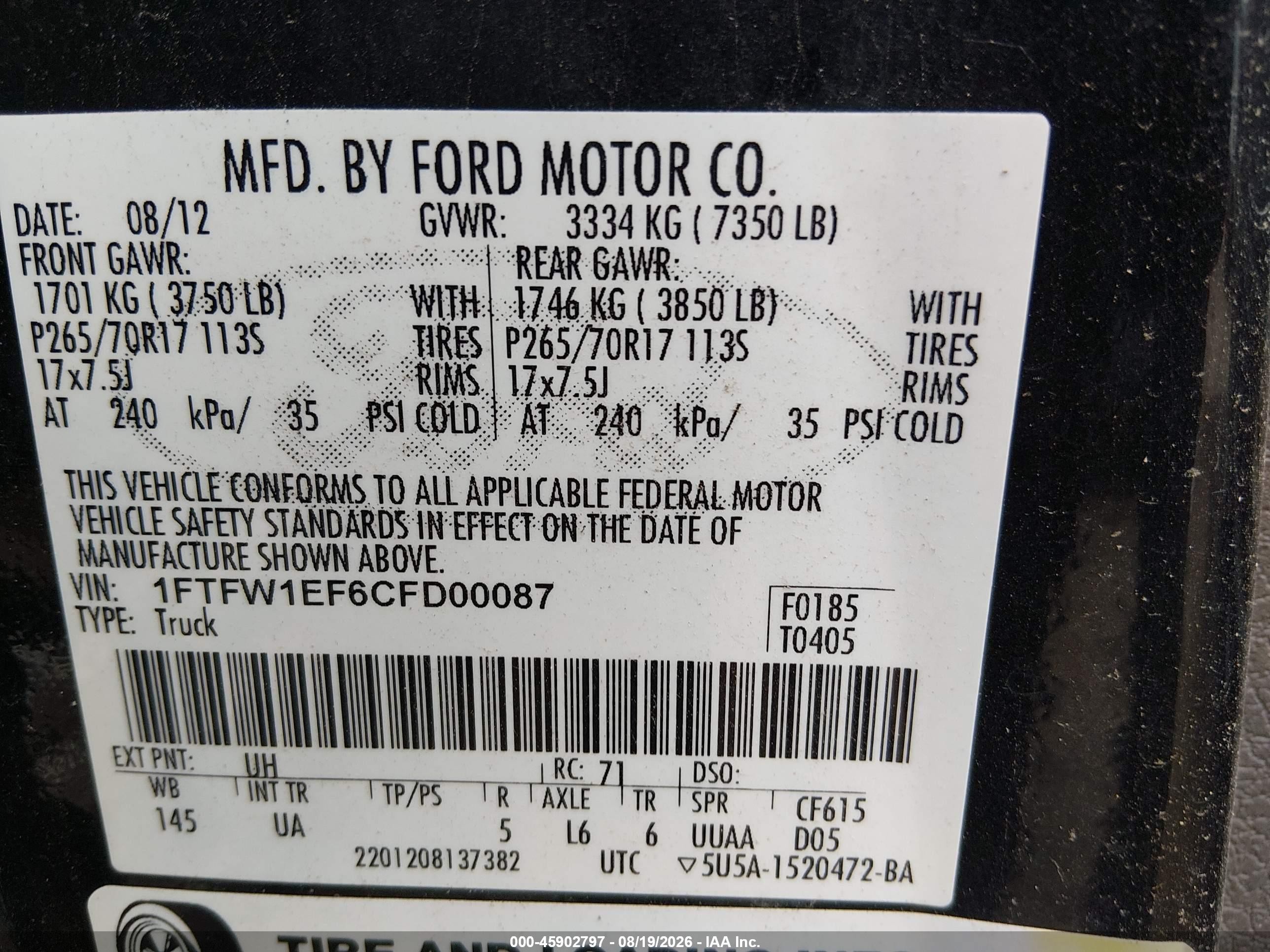2012 Ford F150 Supercrew Черный vin: 1FTFW1EF6CFD00087