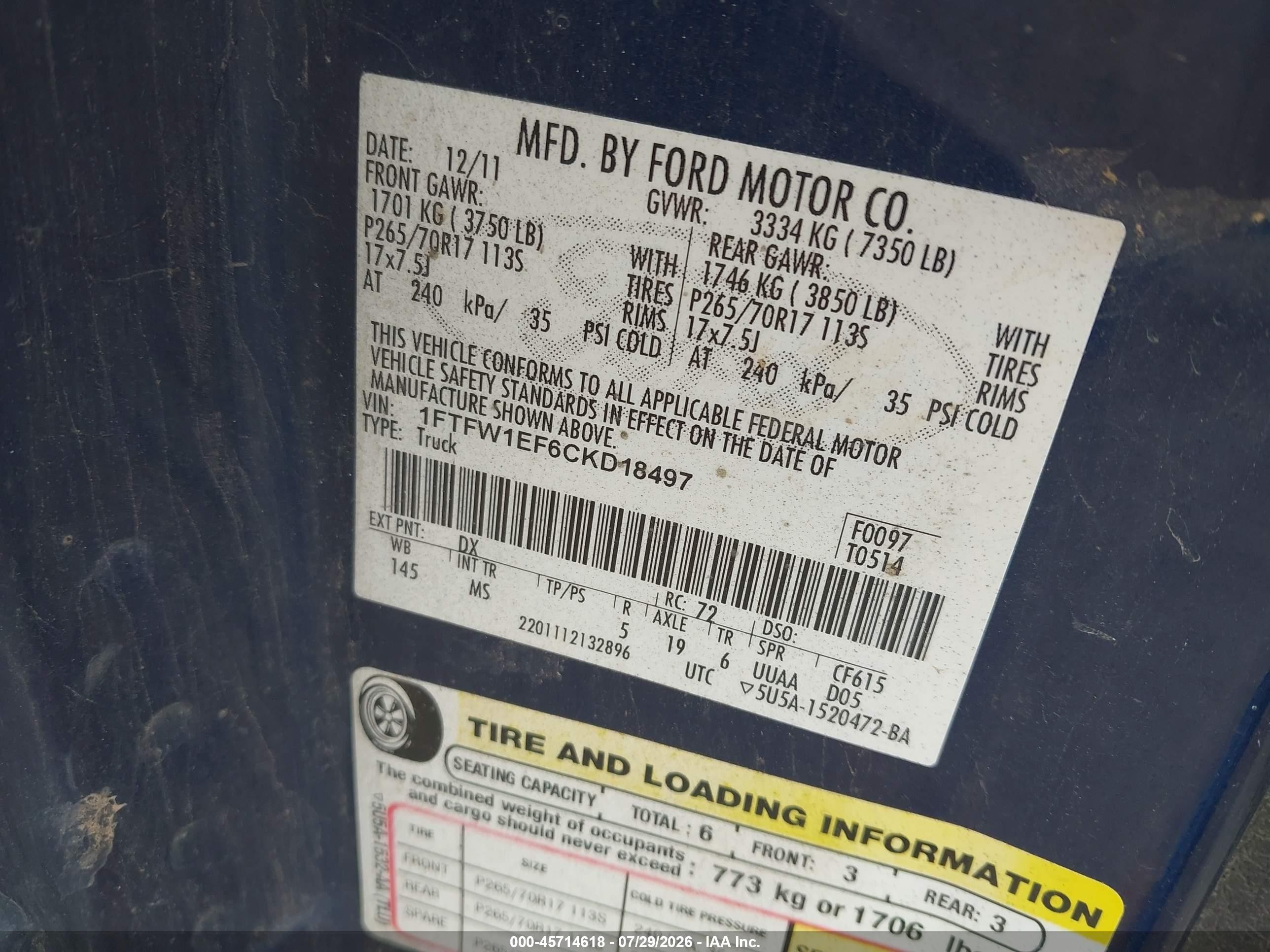 2012 Ford F-150 Xlt Blue vin: 1FTFW1EF6CKD18497