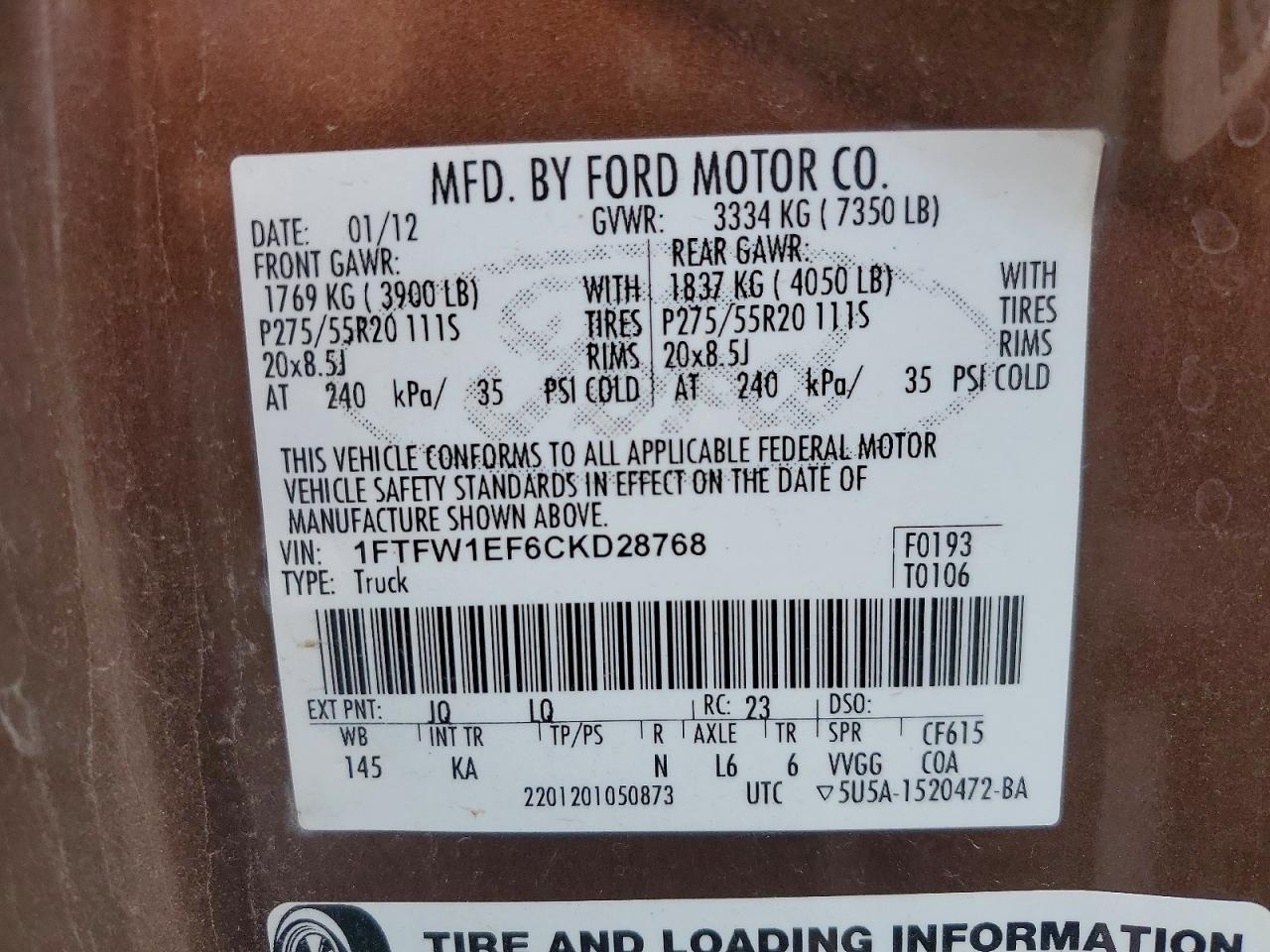 2012 Ford F150 Supercrew Brown vin: 1FTFW1EF6CKD28768