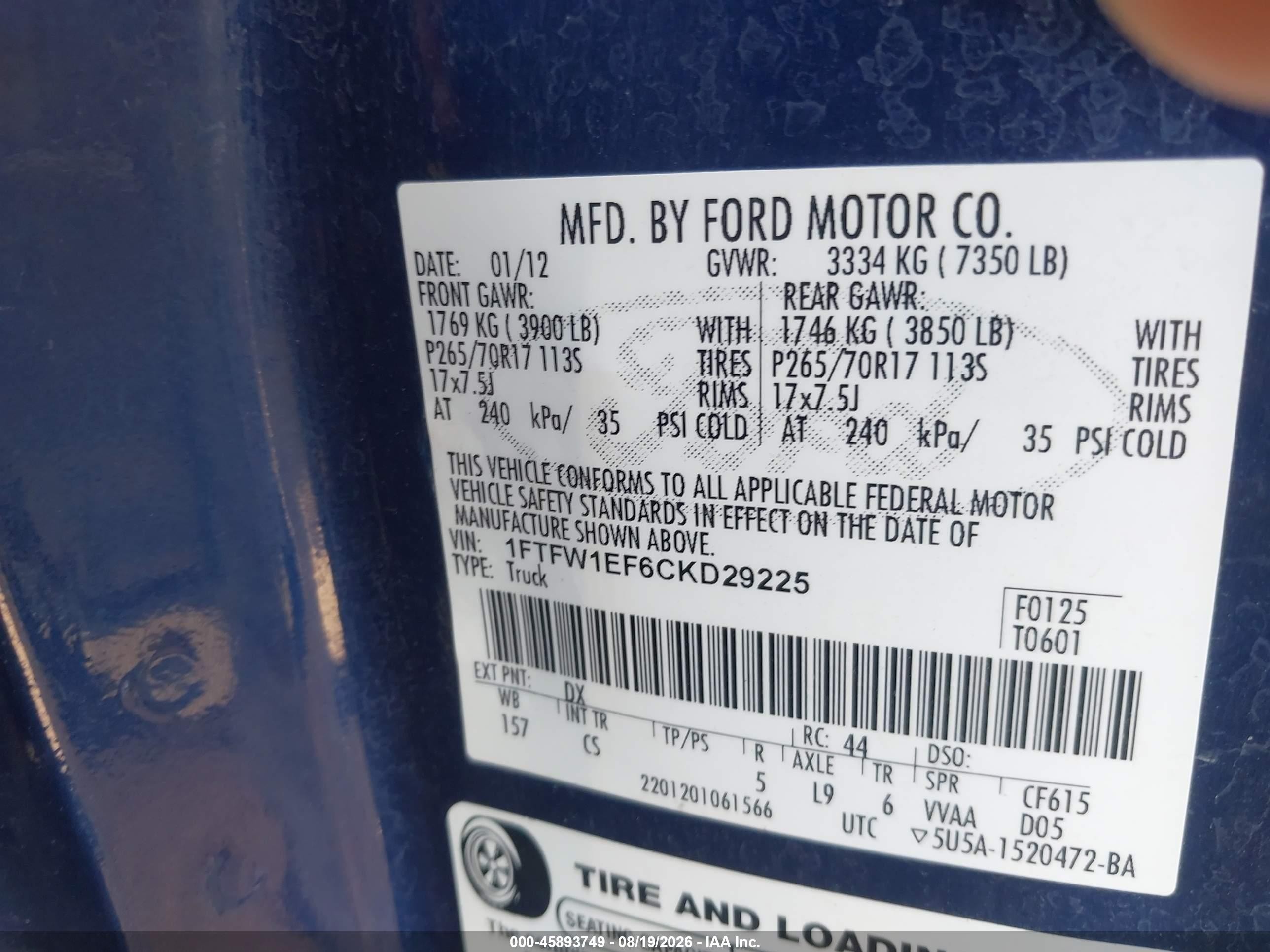 2012 Ford F-150 Xl Blue vin: 1FTFW1EF6CKD29225