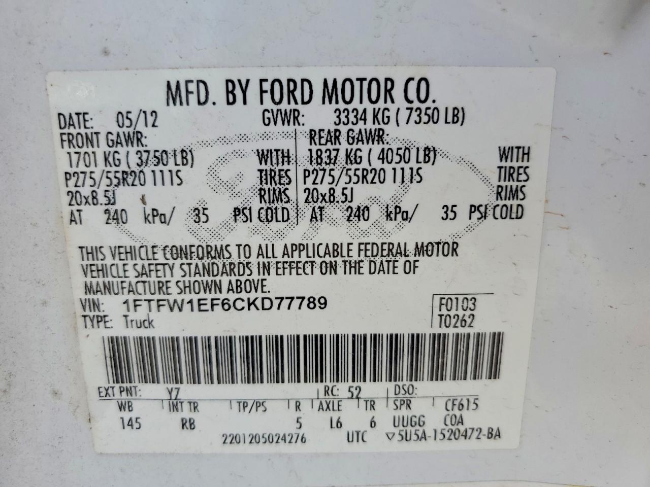 2012 Ford F150 Supercrew White vin: 1FTFW1EF6CKD77789