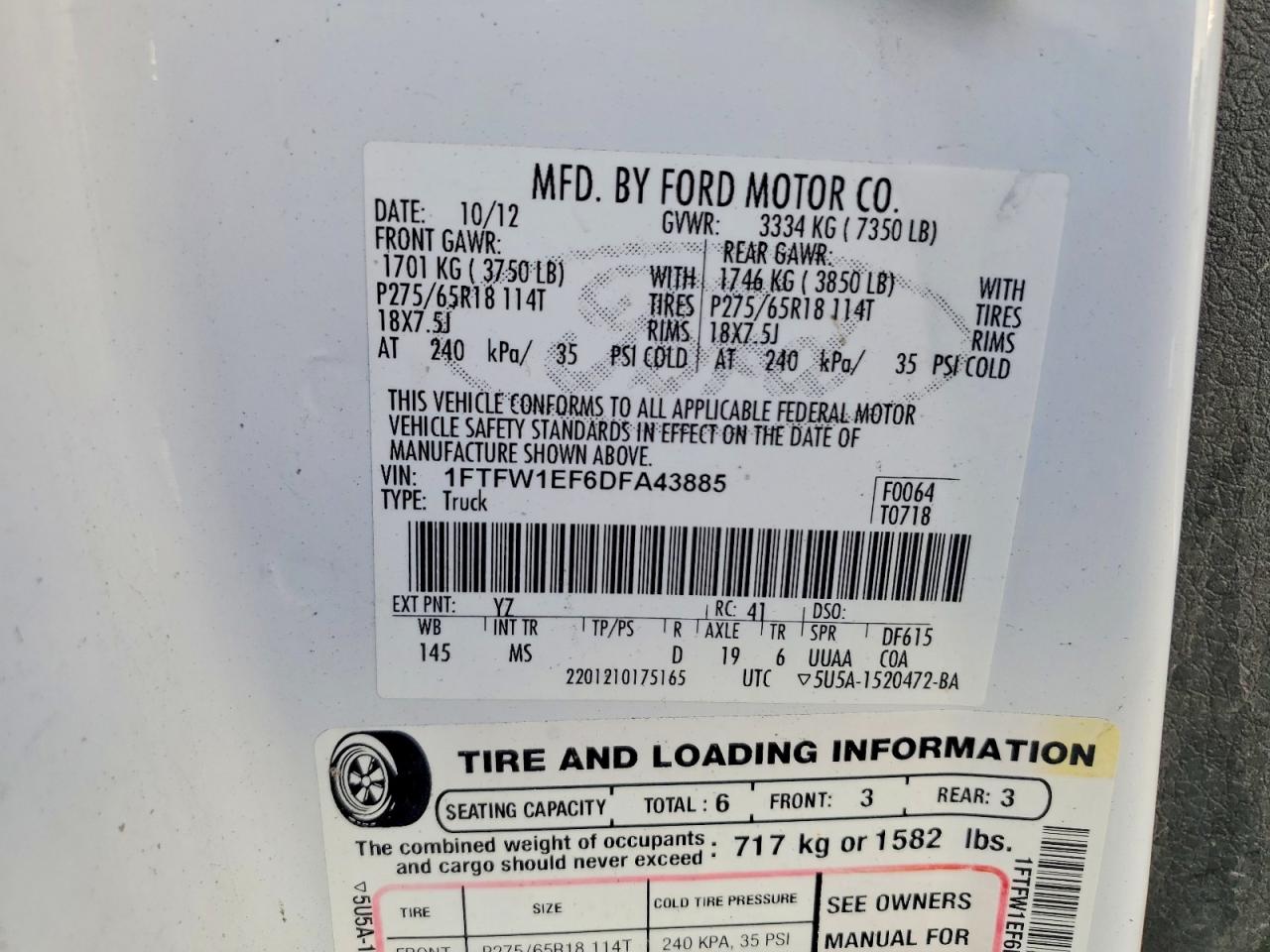 2013 Ford F150 Supercrew White vin: 1FTFW1EF6DFA43885