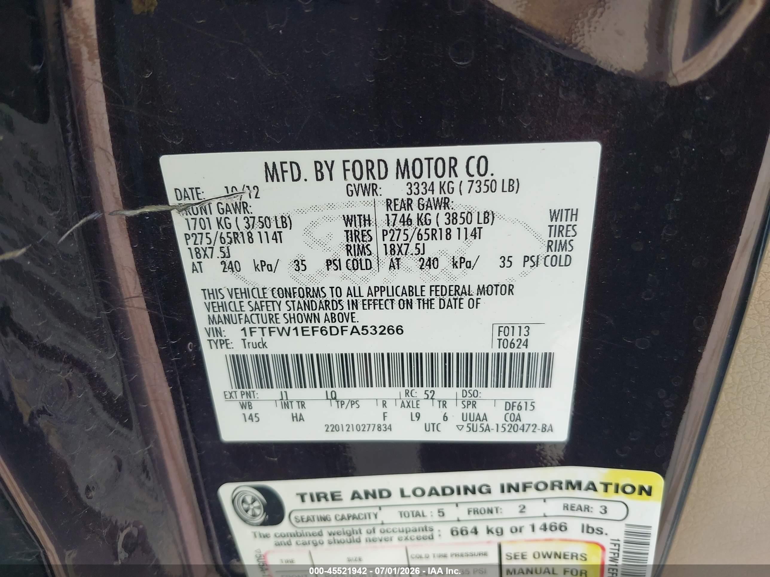 2013 Ford F-150 Fx4/king Ranch/lariat/platinum/xl/xlt Black vin: 1FTFW1EF6DFA53266