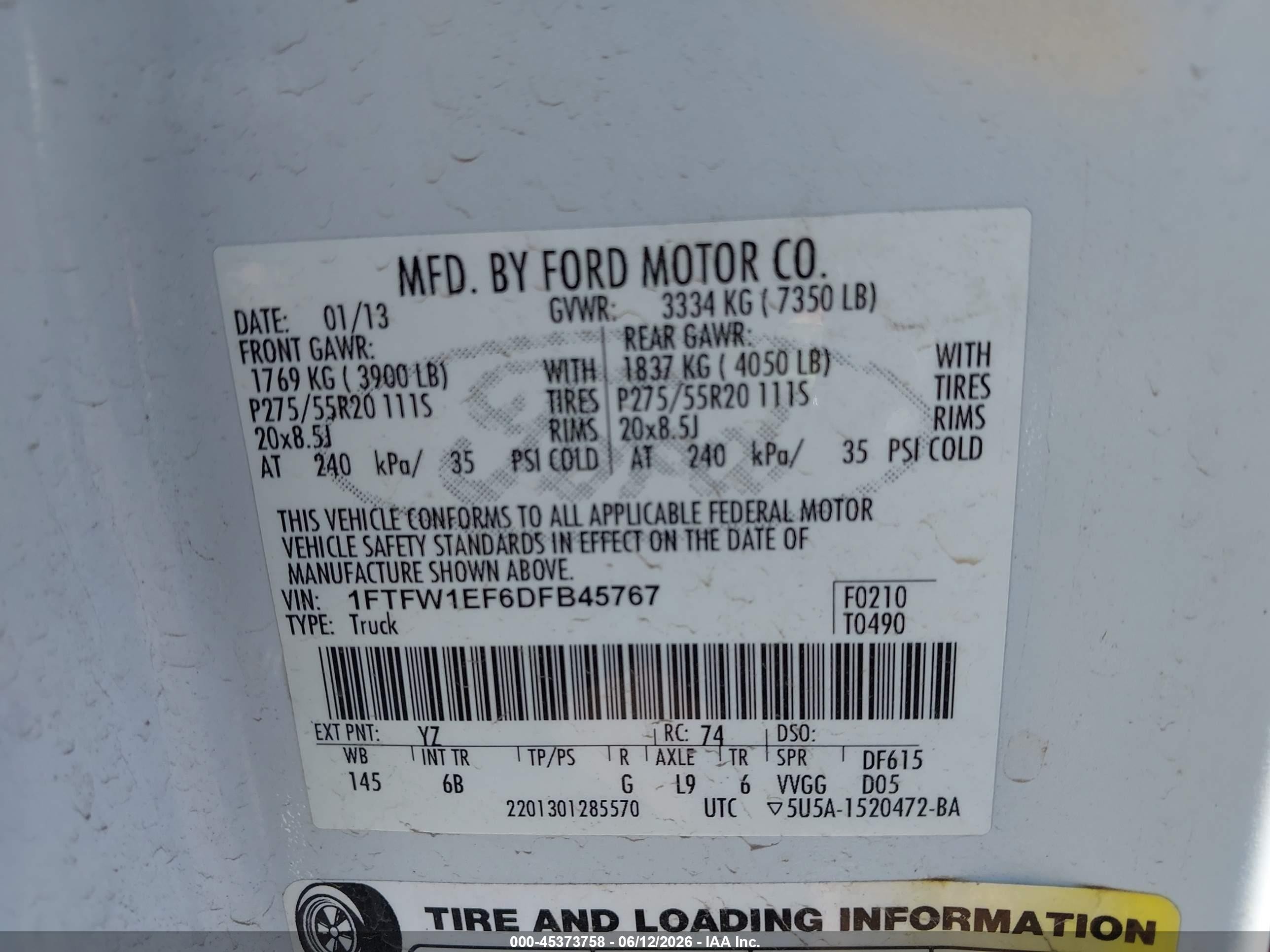 2013 Ford F-150 Fx4 White vin: 1FTFW1EF6DFB45767