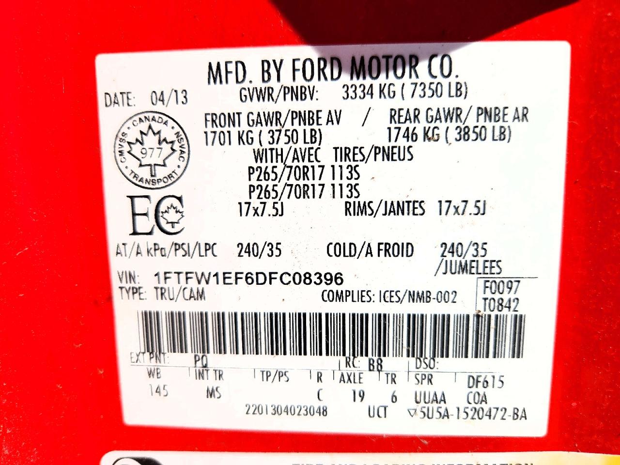 2013 Ford F150 Supercrew Red vin: 1FTFW1EF6DFC08396
