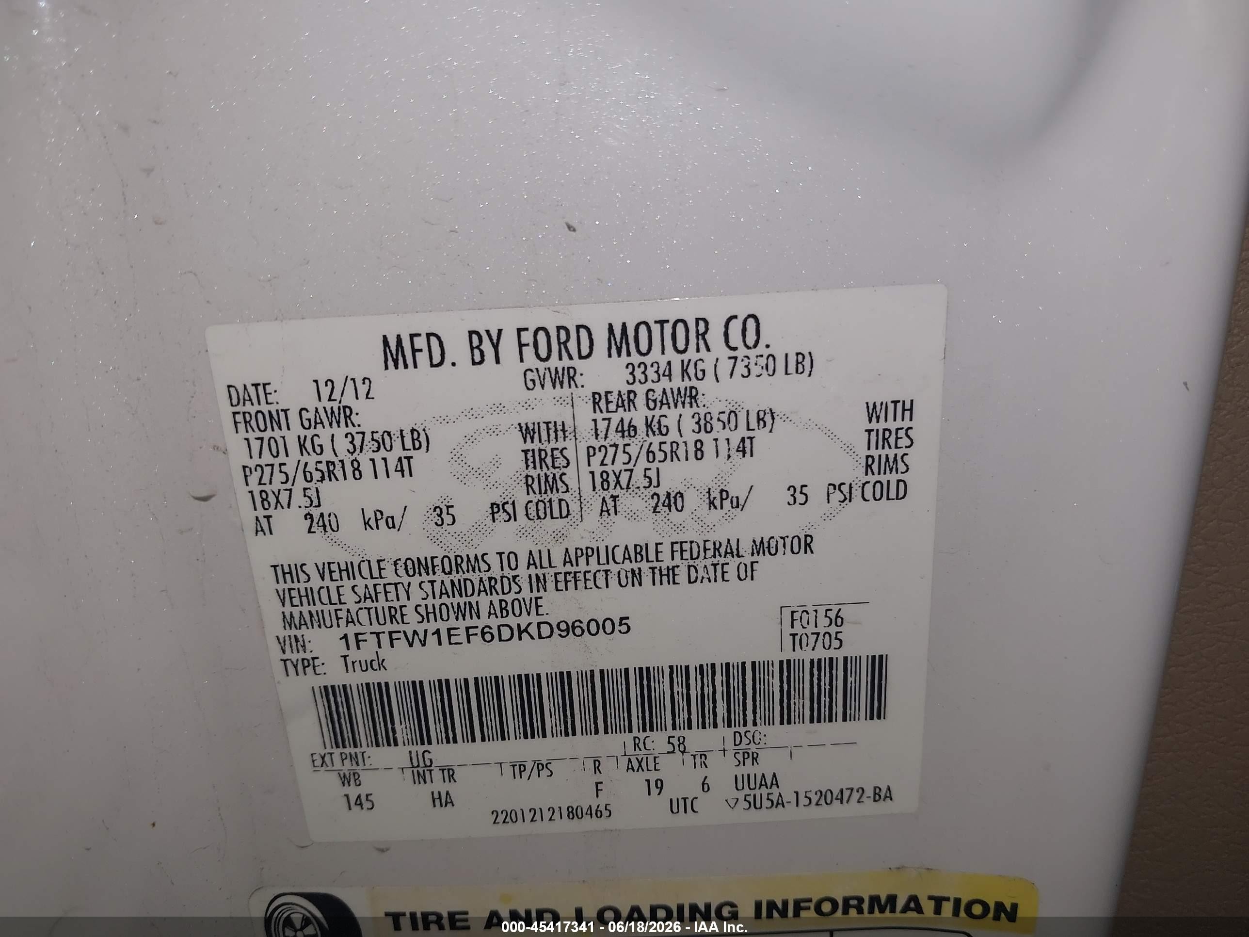 2013 Ford F-150 Fx4/king Ranch/lariat/platinum/xl/xlt White vin: 1FTFW1EF6DKD96005
