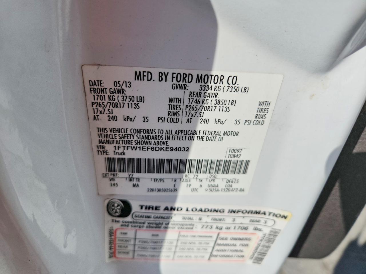 2013 Ford F150 Supercrew White vin: 1FTFW1EF6DKE94032