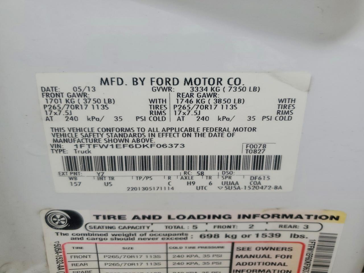 2013 Ford F150 Supercrew White vin: 1FTFW1EF6DKF06373