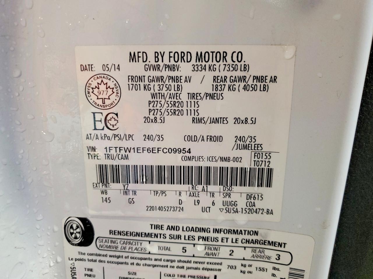 2014 Ford F150 Supercrew White vin: 1FTFW1EF6EFC09954