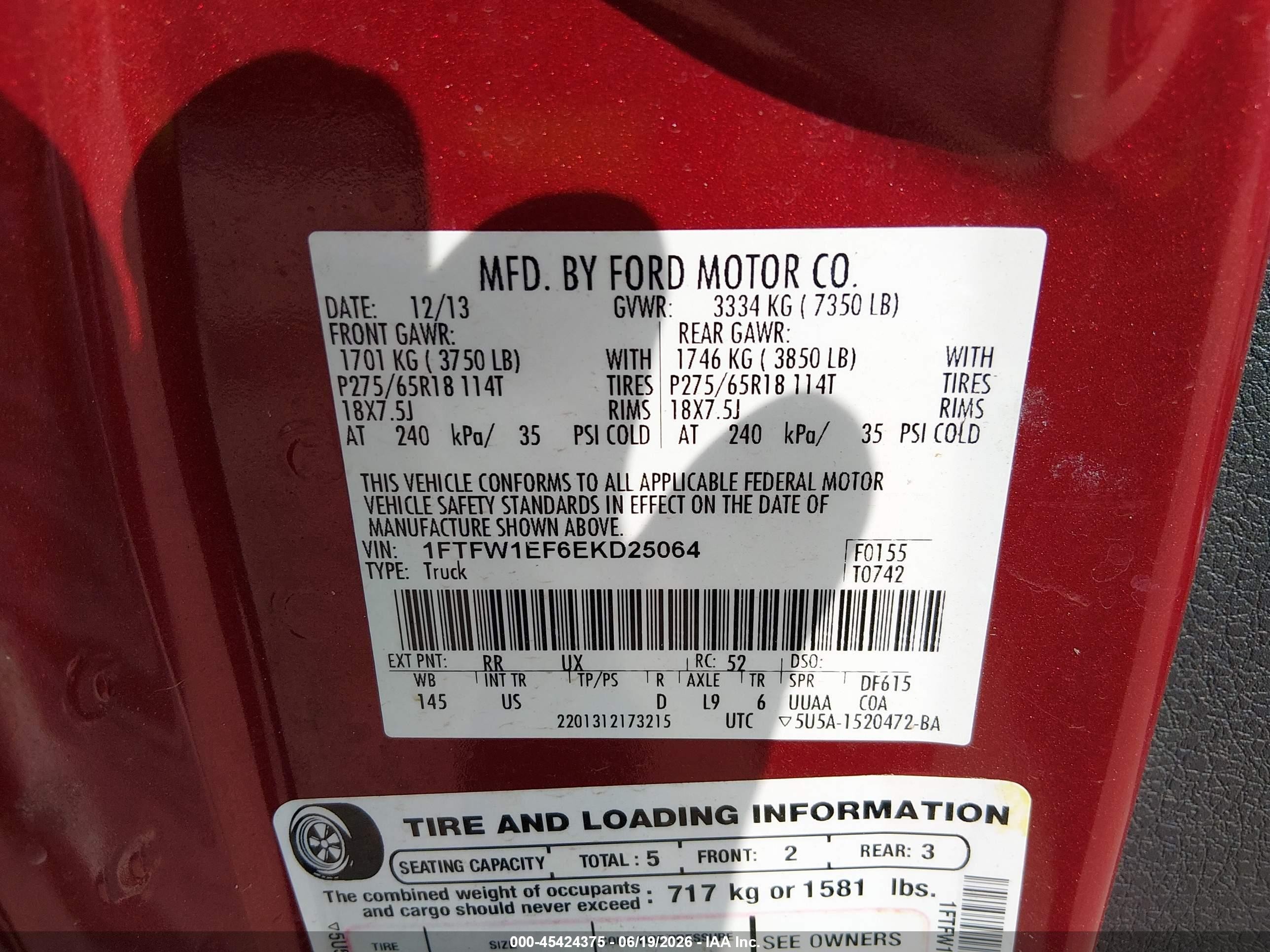 2014 Ford F-150 Fx4/king Ranch/lariat/platinum/stx/xl/xlt Red vin: 1FTFW1EF6EKD25064