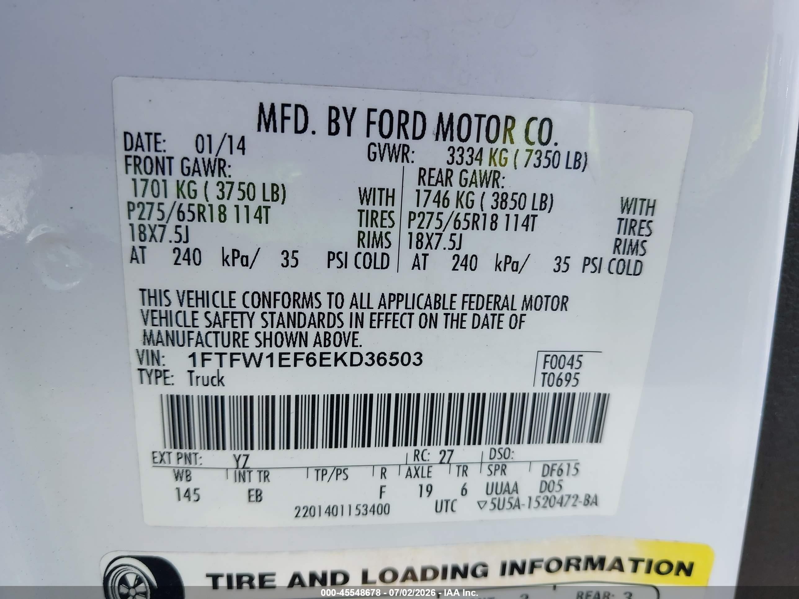 2014 Ford F-150 Fx4/king Ranch/lariat/platinum/stx/xl/xlt White vin: 1FTFW1EF6EKD36503